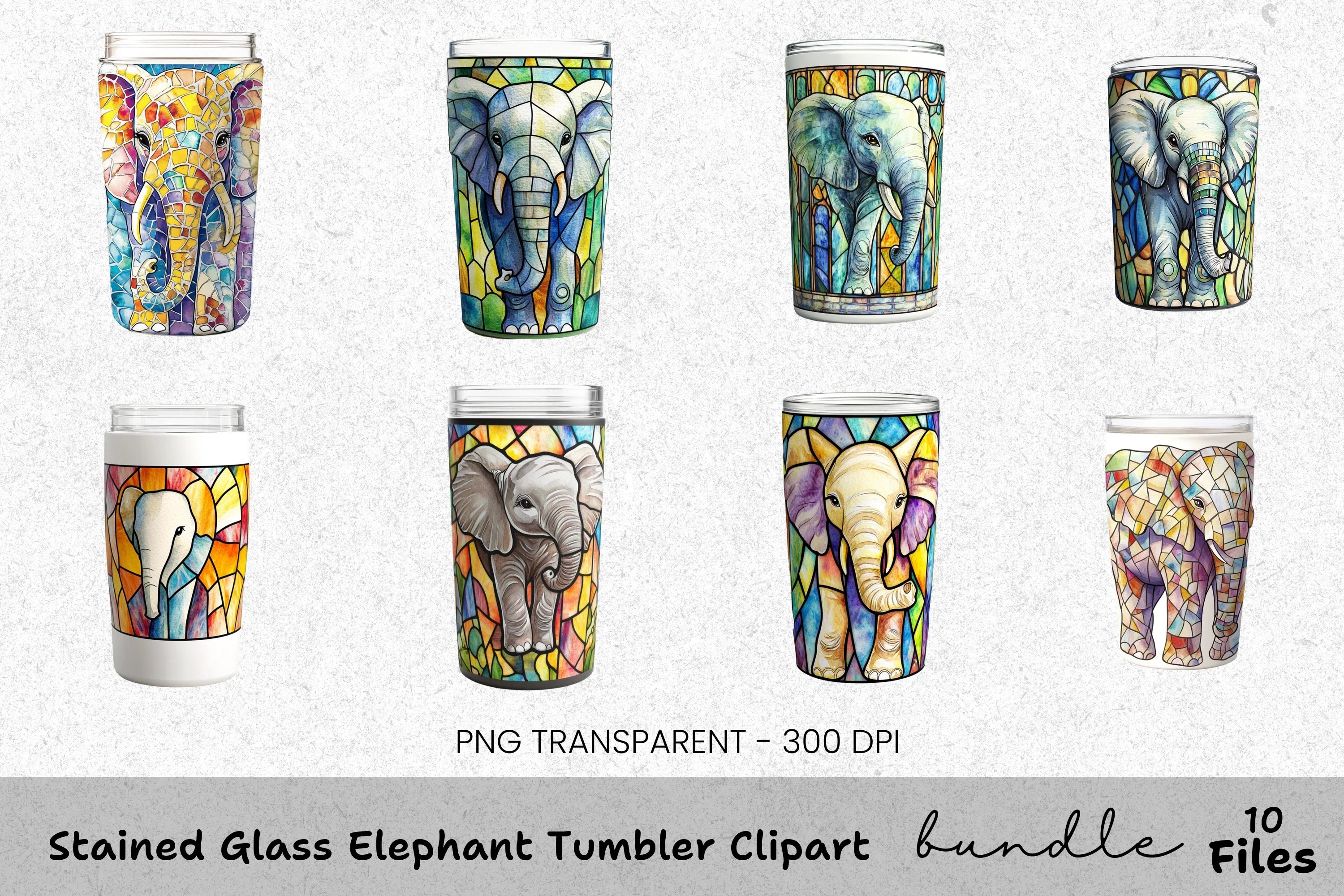 Stained Glass Elephant Tumbler Clipart Bundle