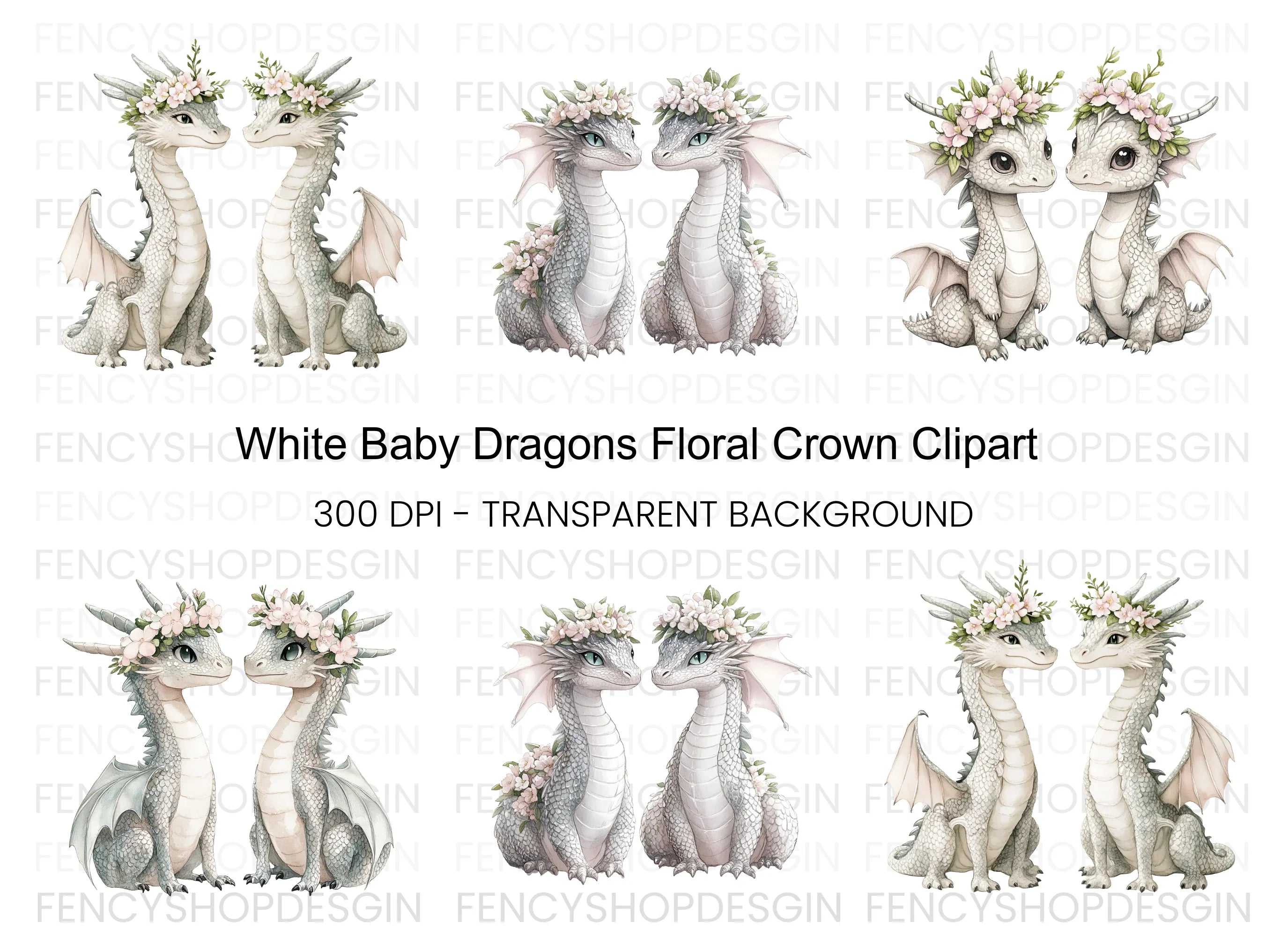 Floral Crown Baby Dragon Clipart Bundle