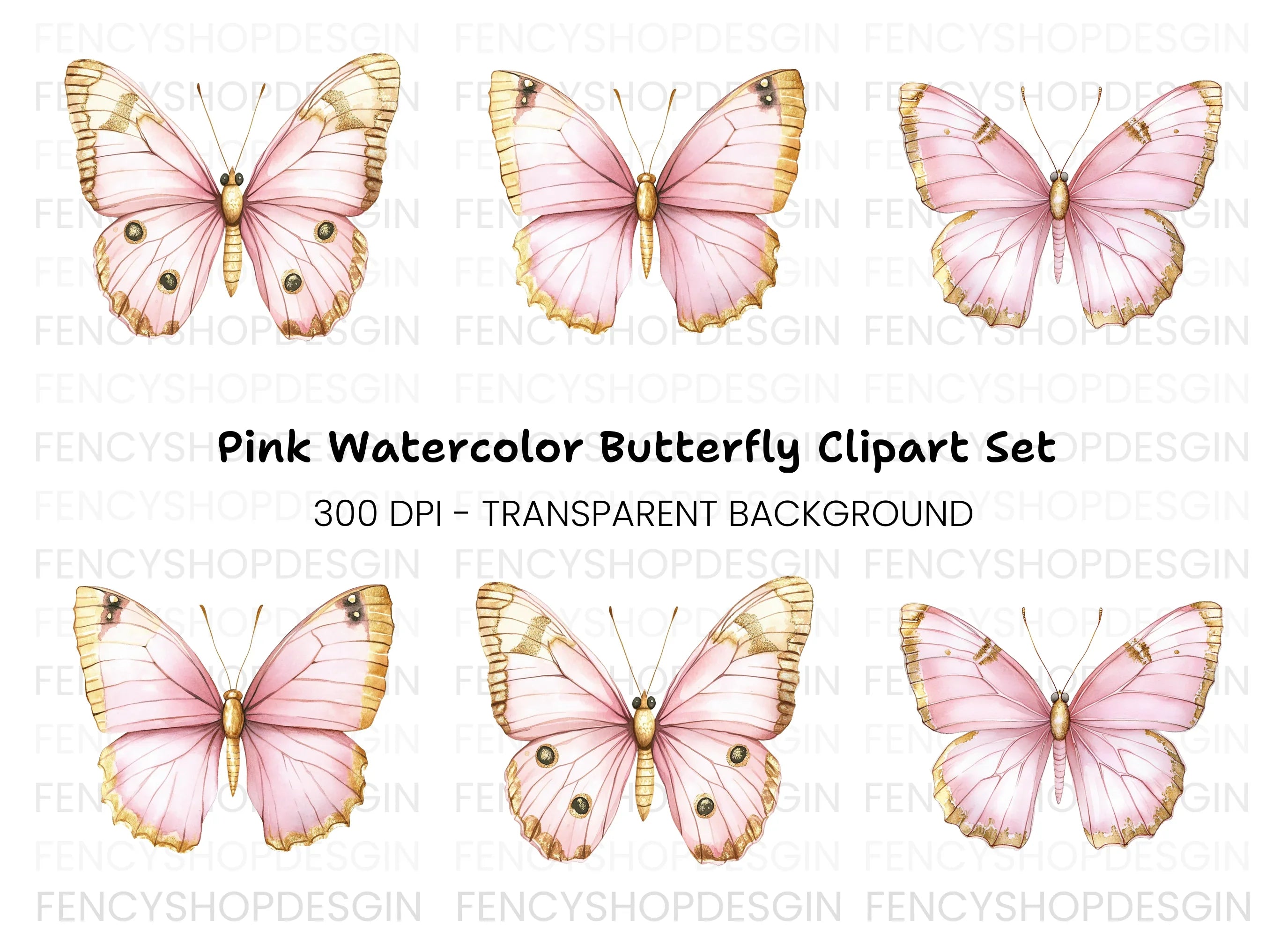 Pink and Gold Butterfly Clipart Bundle
