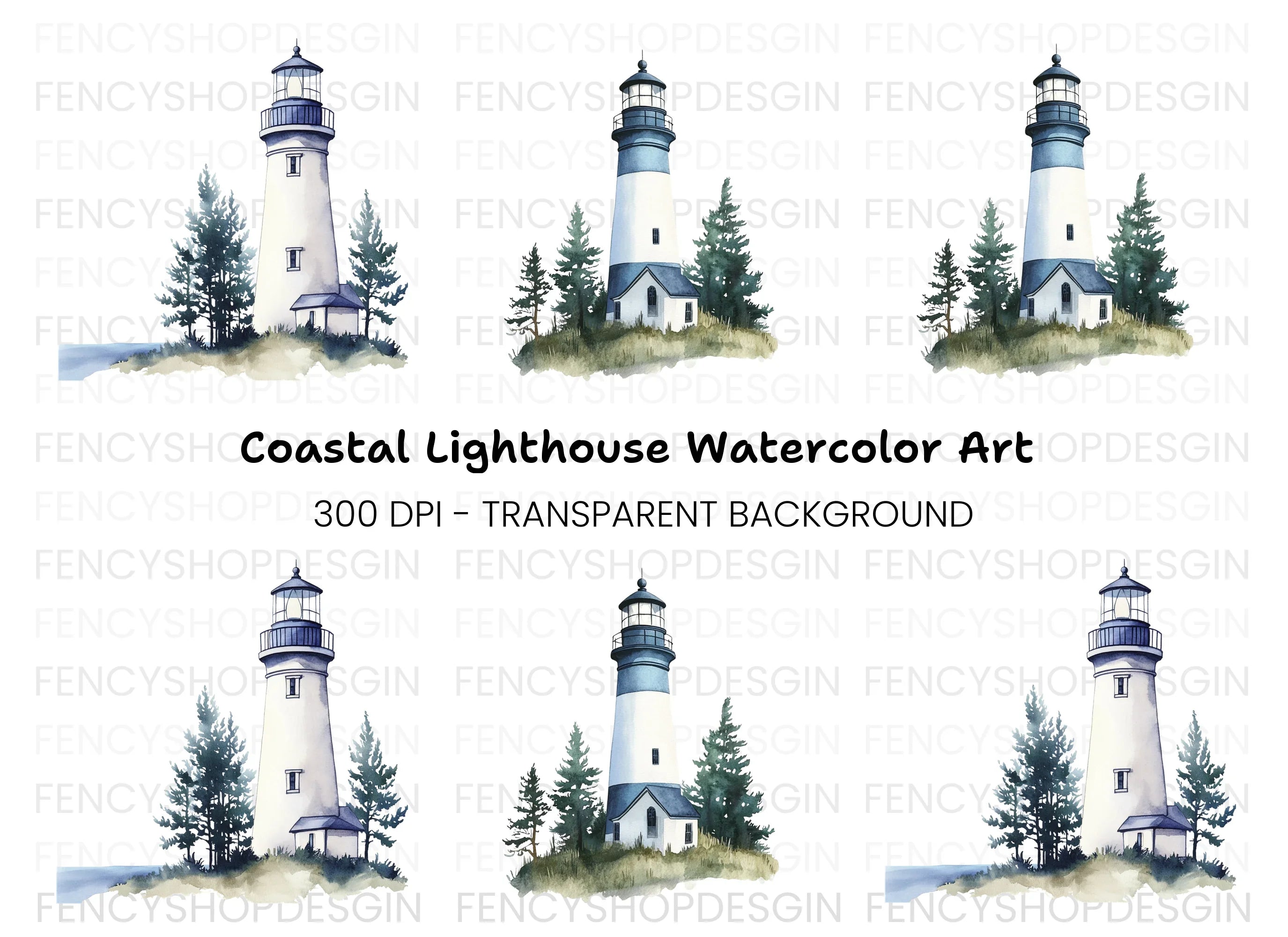 Lighthouse and Pine Trees Clipart Bundle