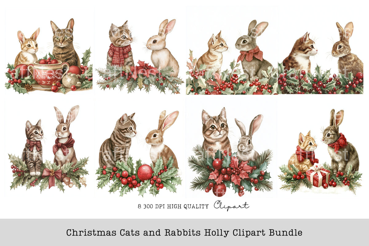 Christmas Cats And Rabbits Holly Clipart Bundle