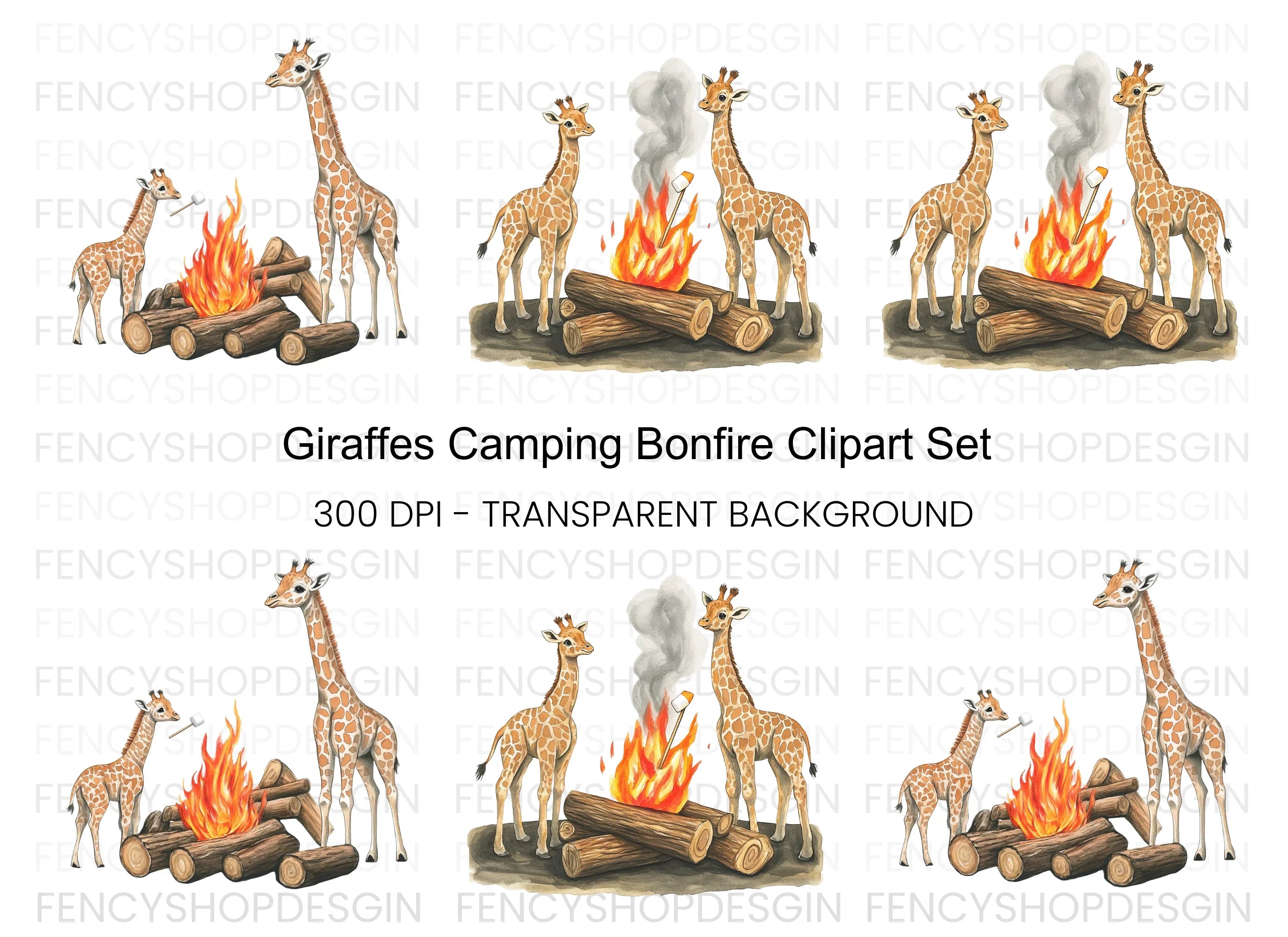Giraffes Camping Bonfire Clipart Bundle