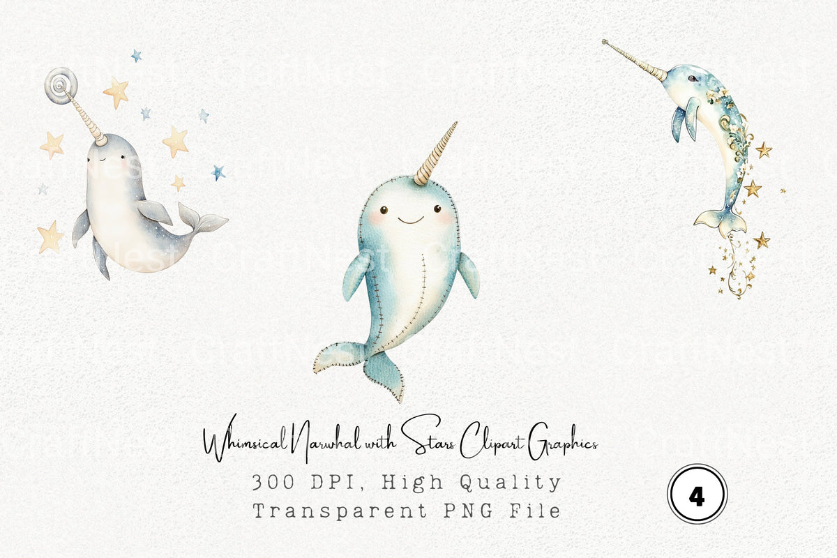Whimsical Narwhal With Stars Graphics Clipart Bundle