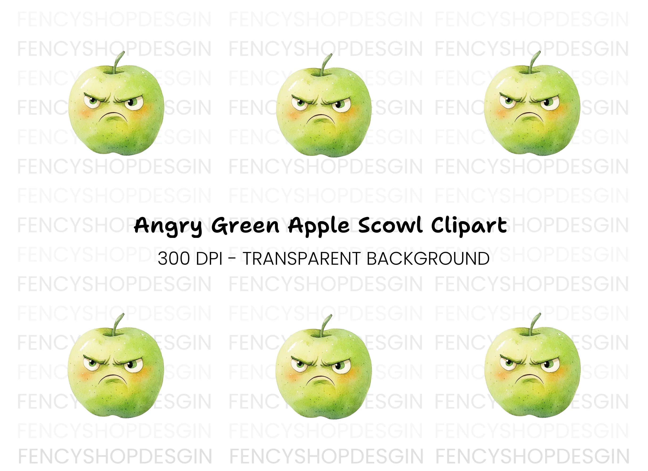 Angry Green Apple Cartoon Clipart Bundle