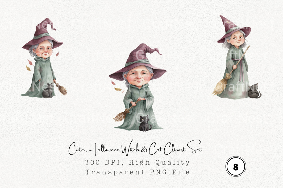 Cute Halloween Witch Cat Clipart Bundle