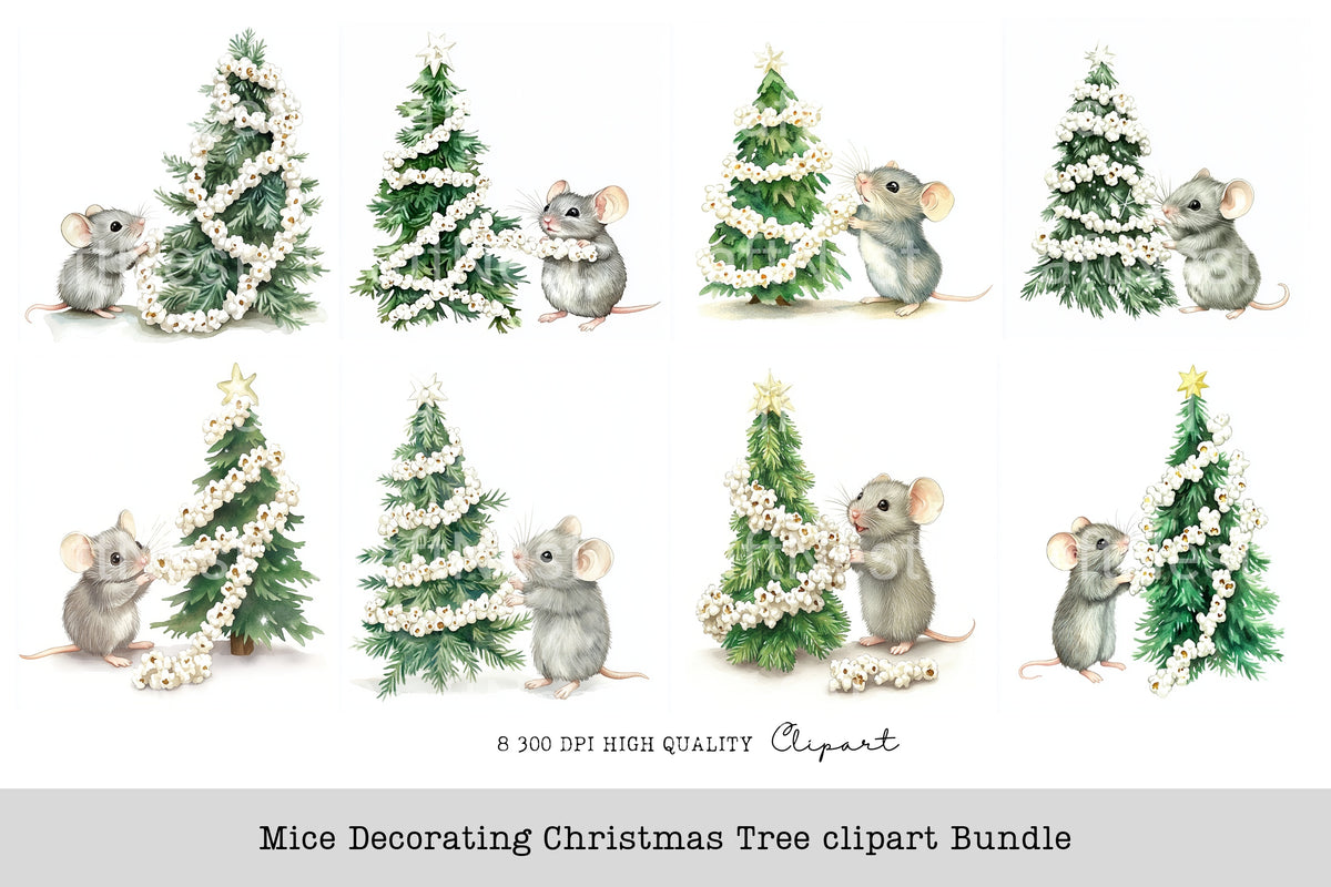 Mice Decorating Christmas Tree Clipart Bundle