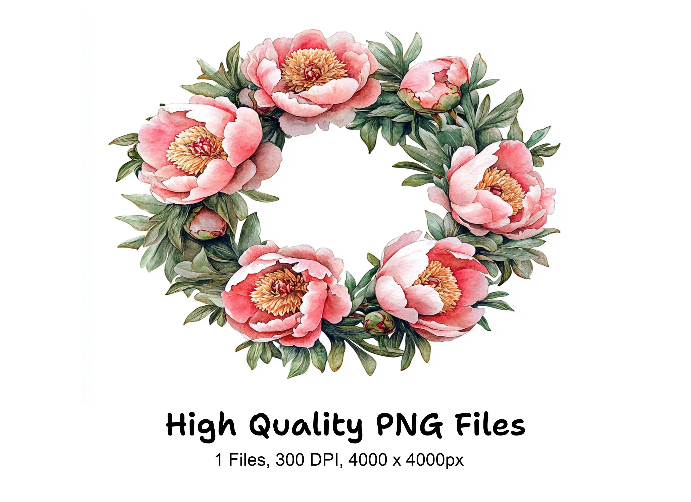 Pink Peony Floral Wreath Clipart Bundle