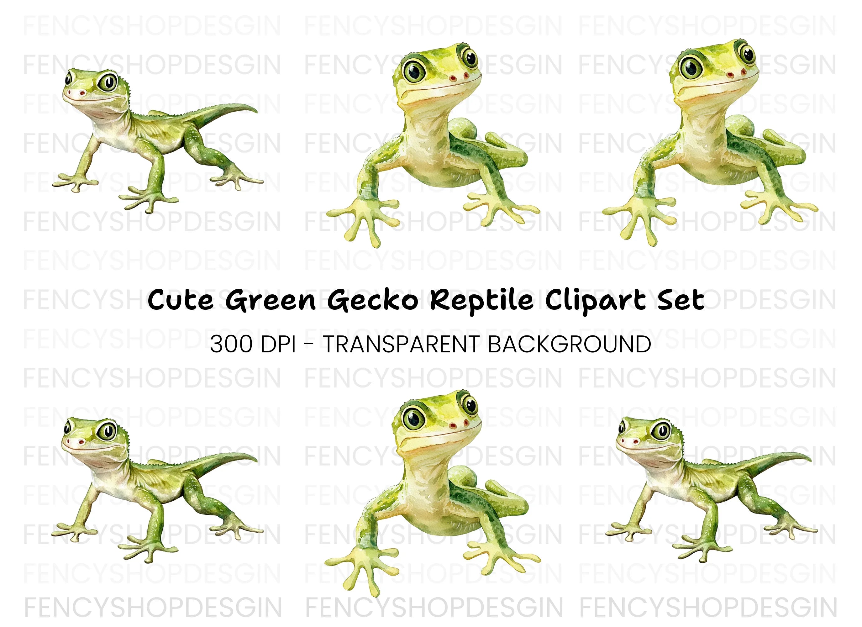 Cute Green Gecko Lizard Clipart Bundle