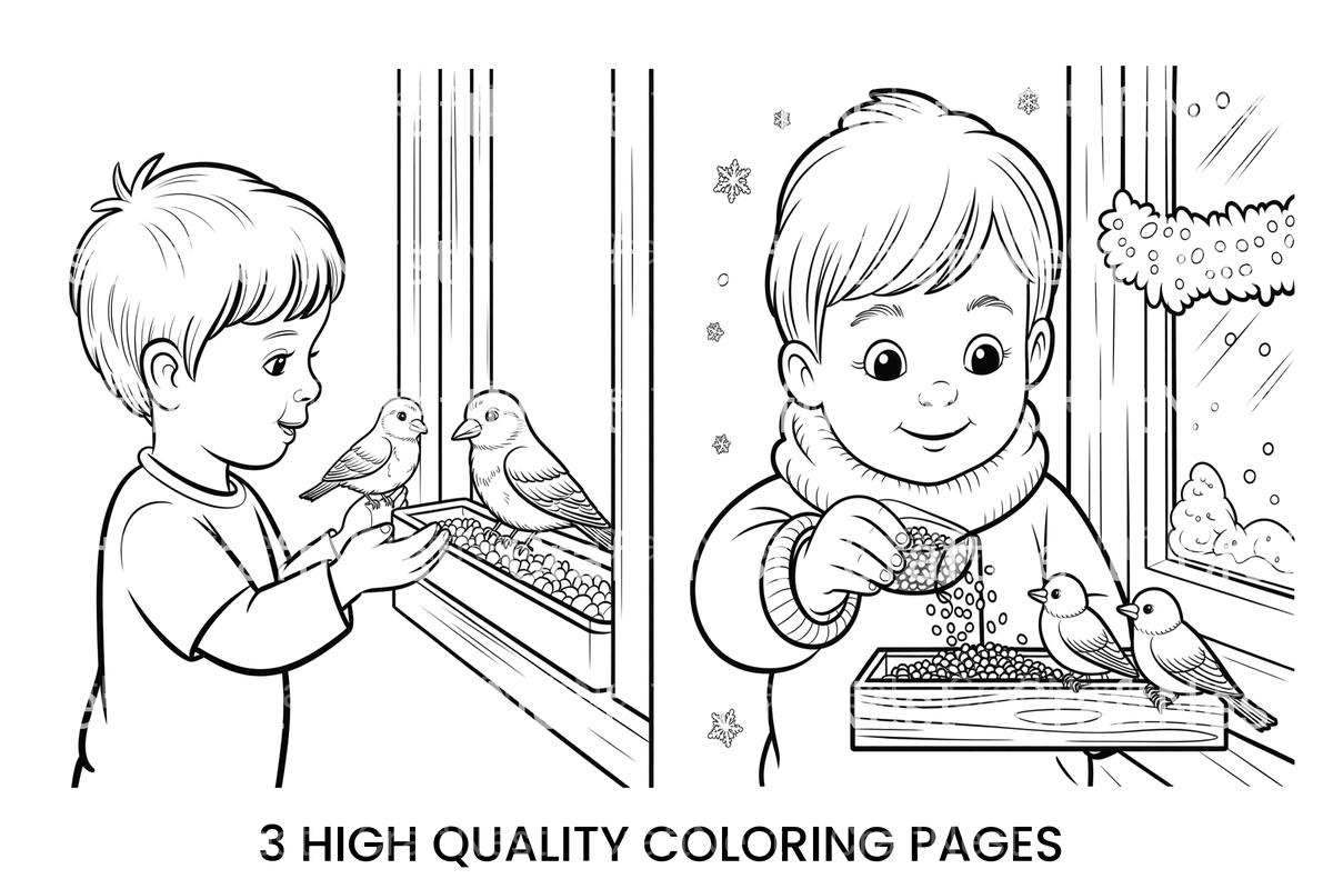 Boy Feeding Birds in Winter Coloring Books