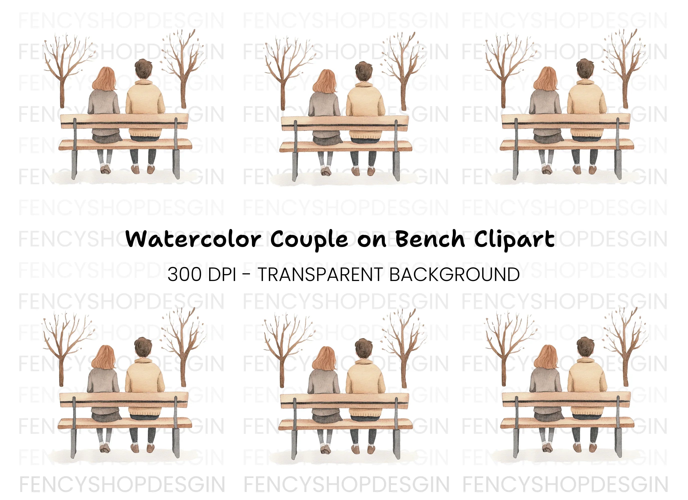 Couple on Bench Winter Scene Clipart Bundle