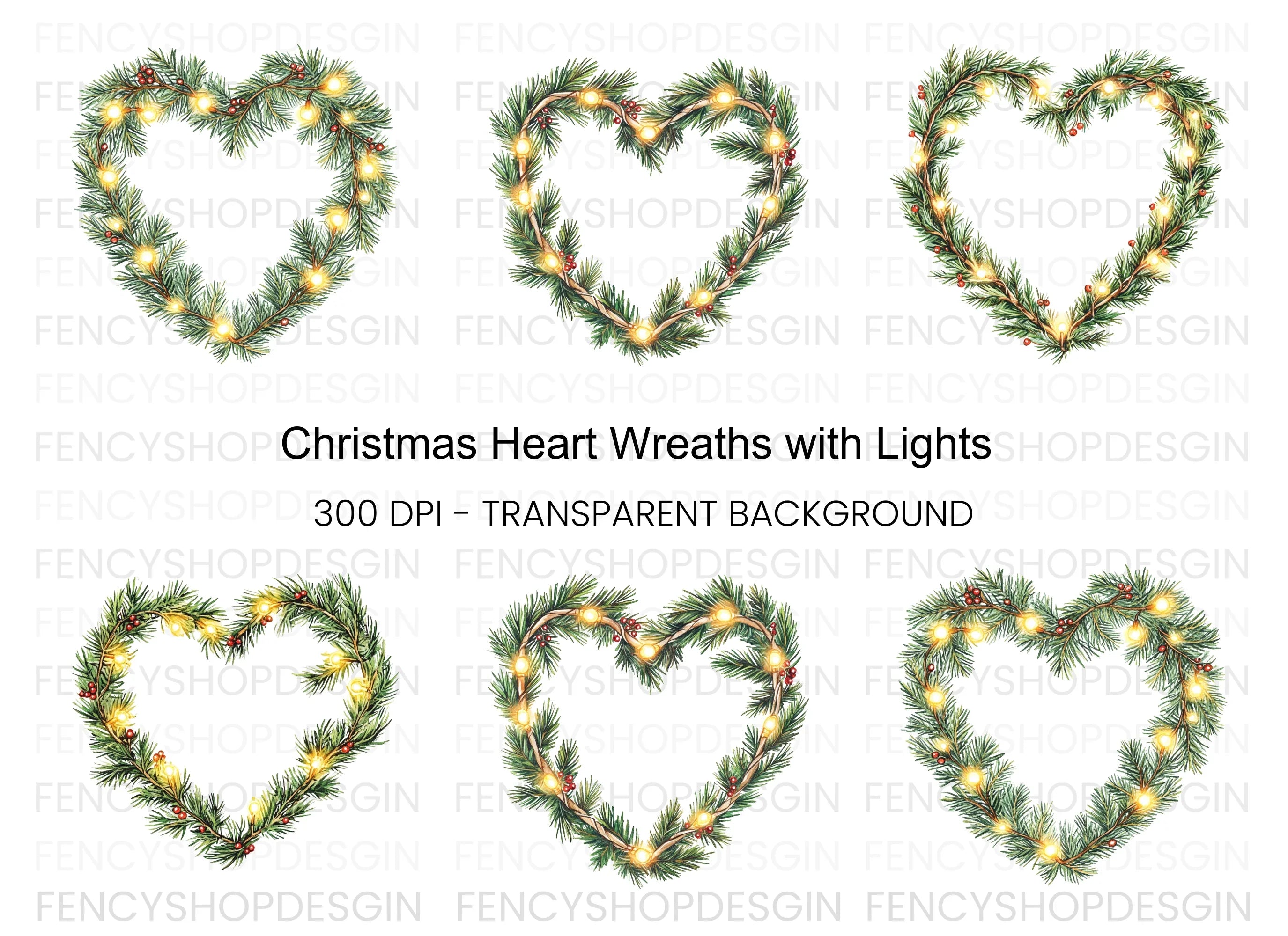 Christmas Heart Wreath with Lights Clipart Bundle