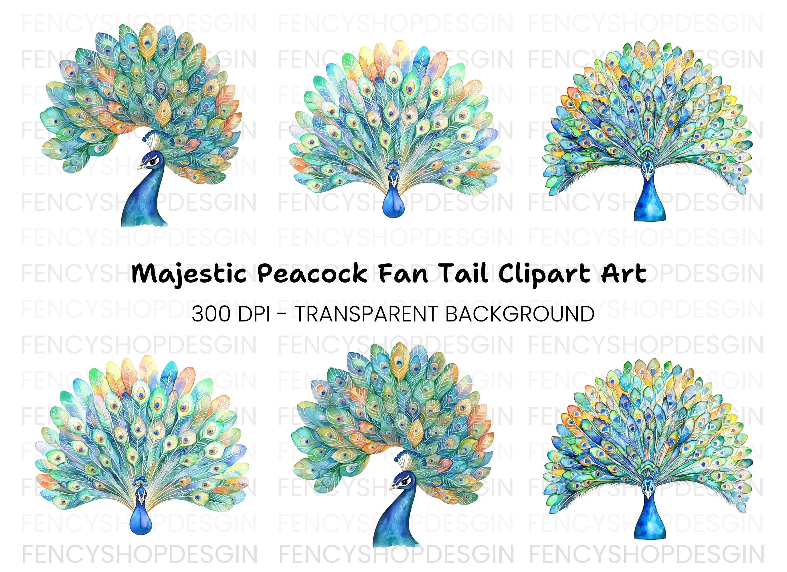 Vibrant Peacock Feather Fan Clipart Bundle