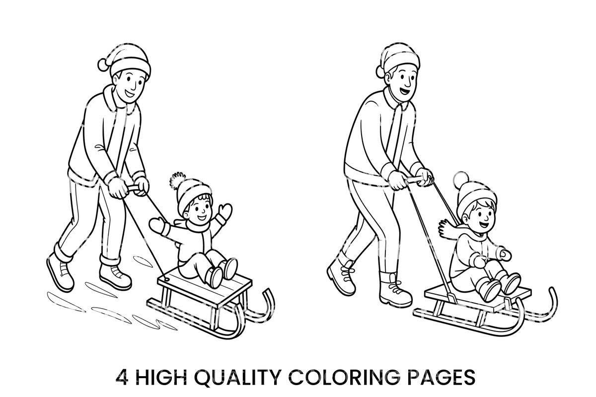 Father and Child Sledding Fun Coloring Books