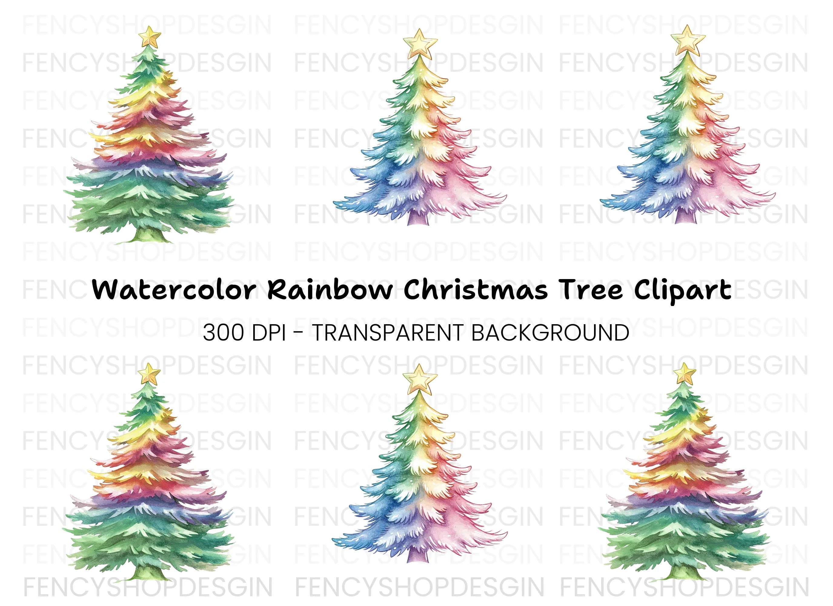 Rainbow Christmas Trees Clipart Bundle