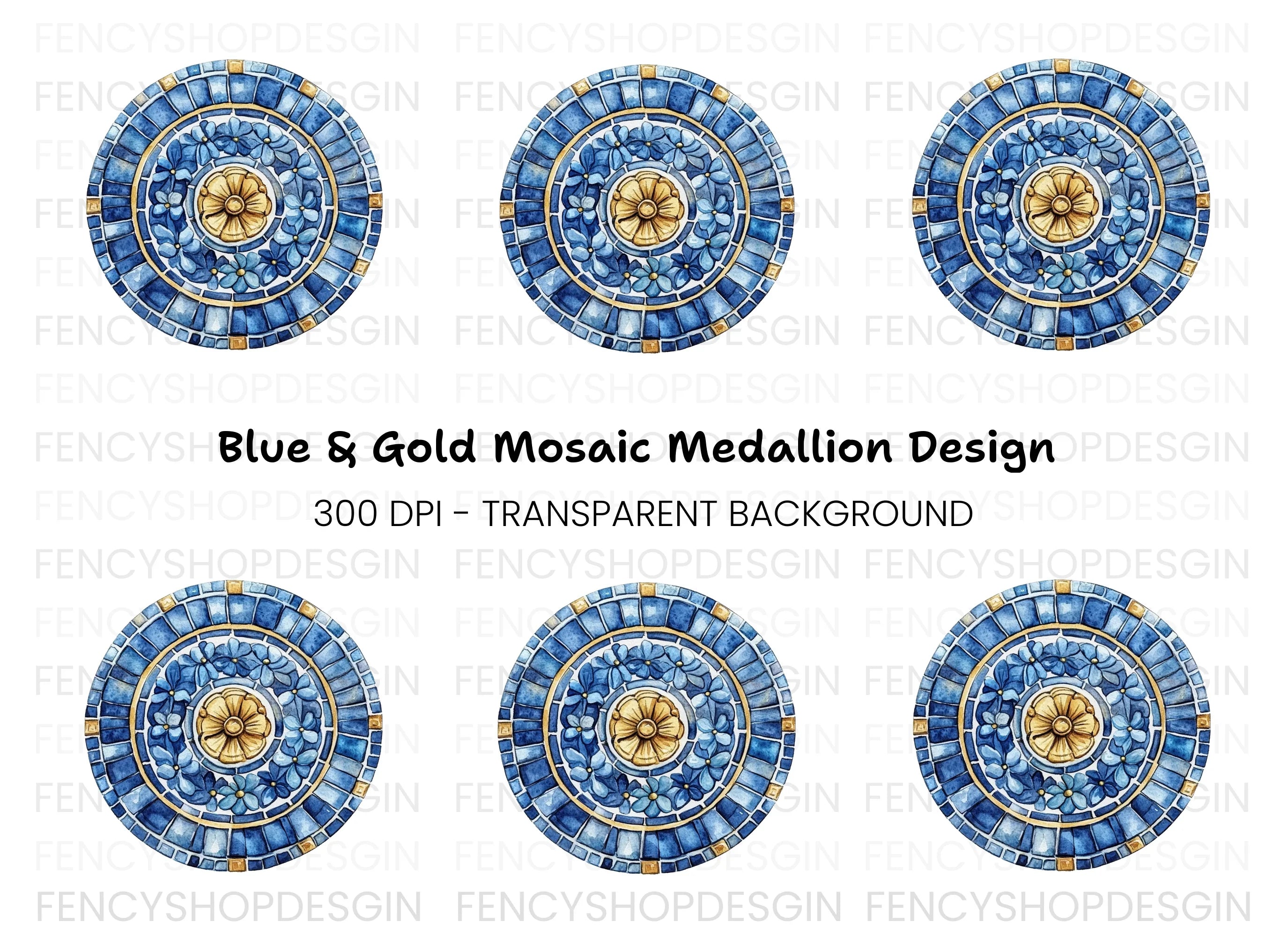 Blue Floral Mosaic Tile Clipart Bundle