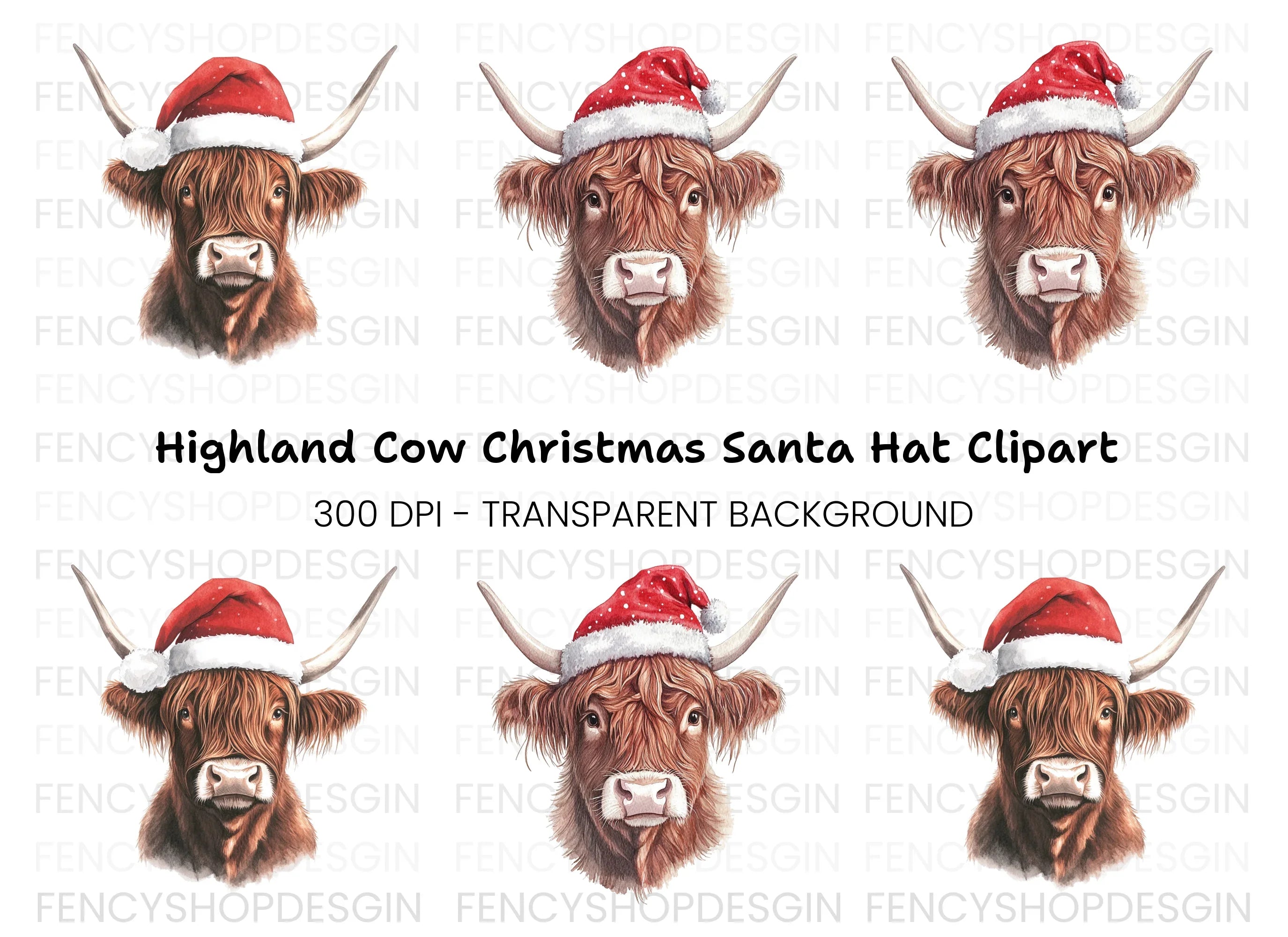 Highland Cow Christmas Santa Hats Clipart Bundle