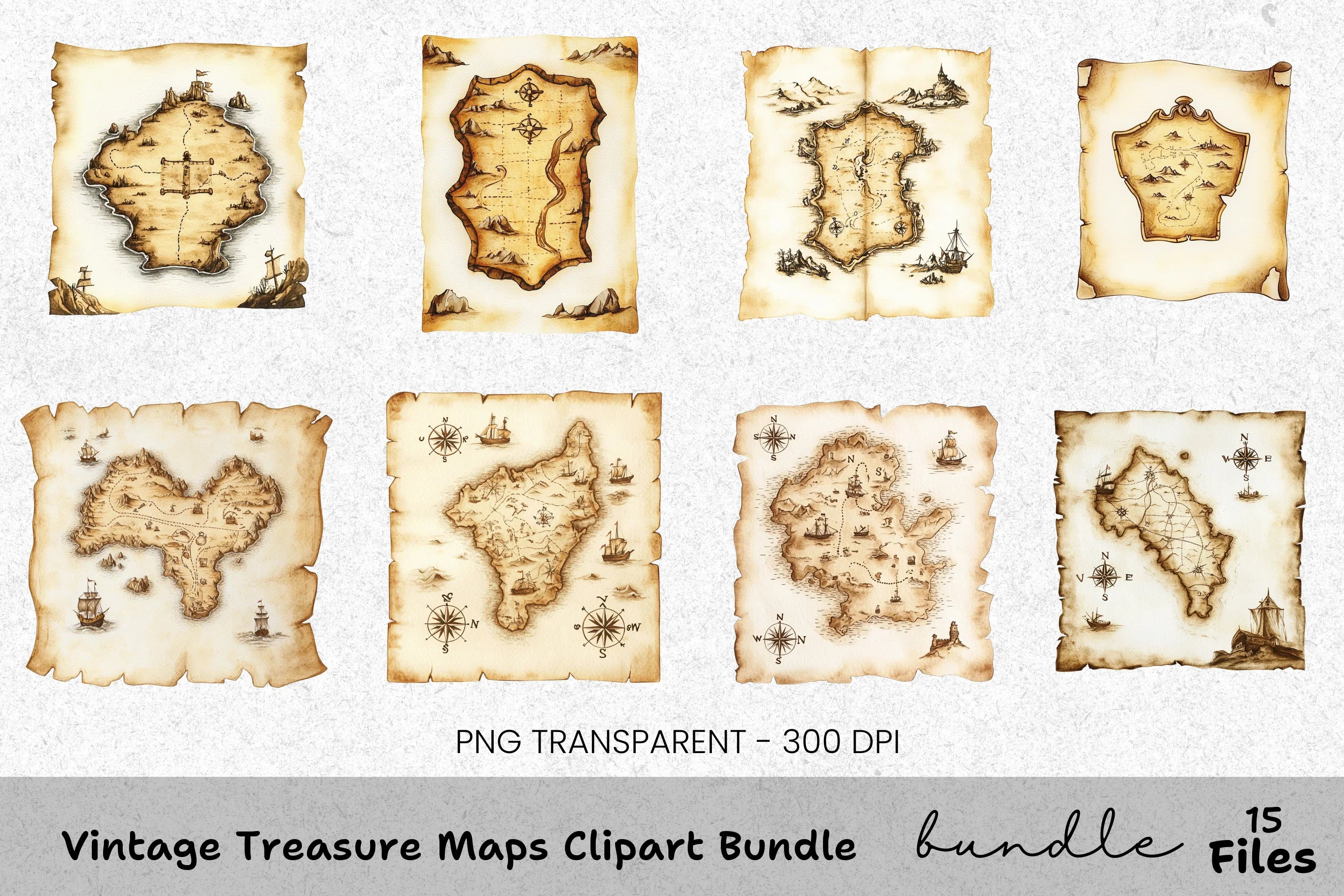 Vintage Treasure Maps Clipart Bundle