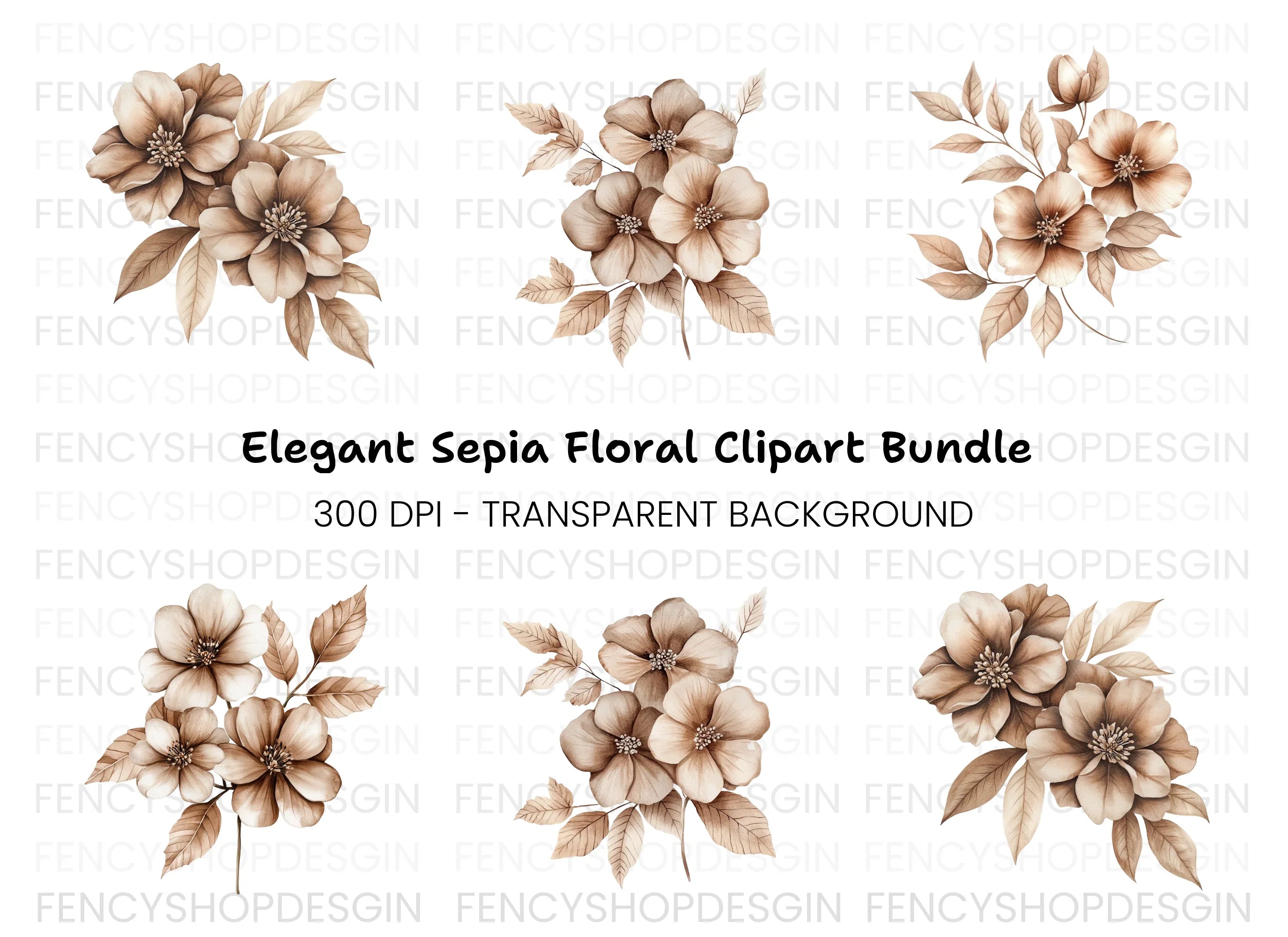 Vintage Brown Flower Clipart Bundle