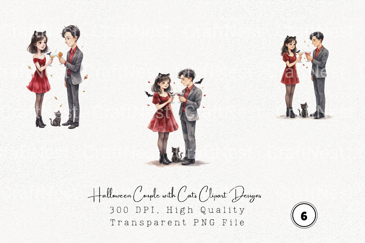 Halloween Couple With Cats Designs Clipart Bundle
