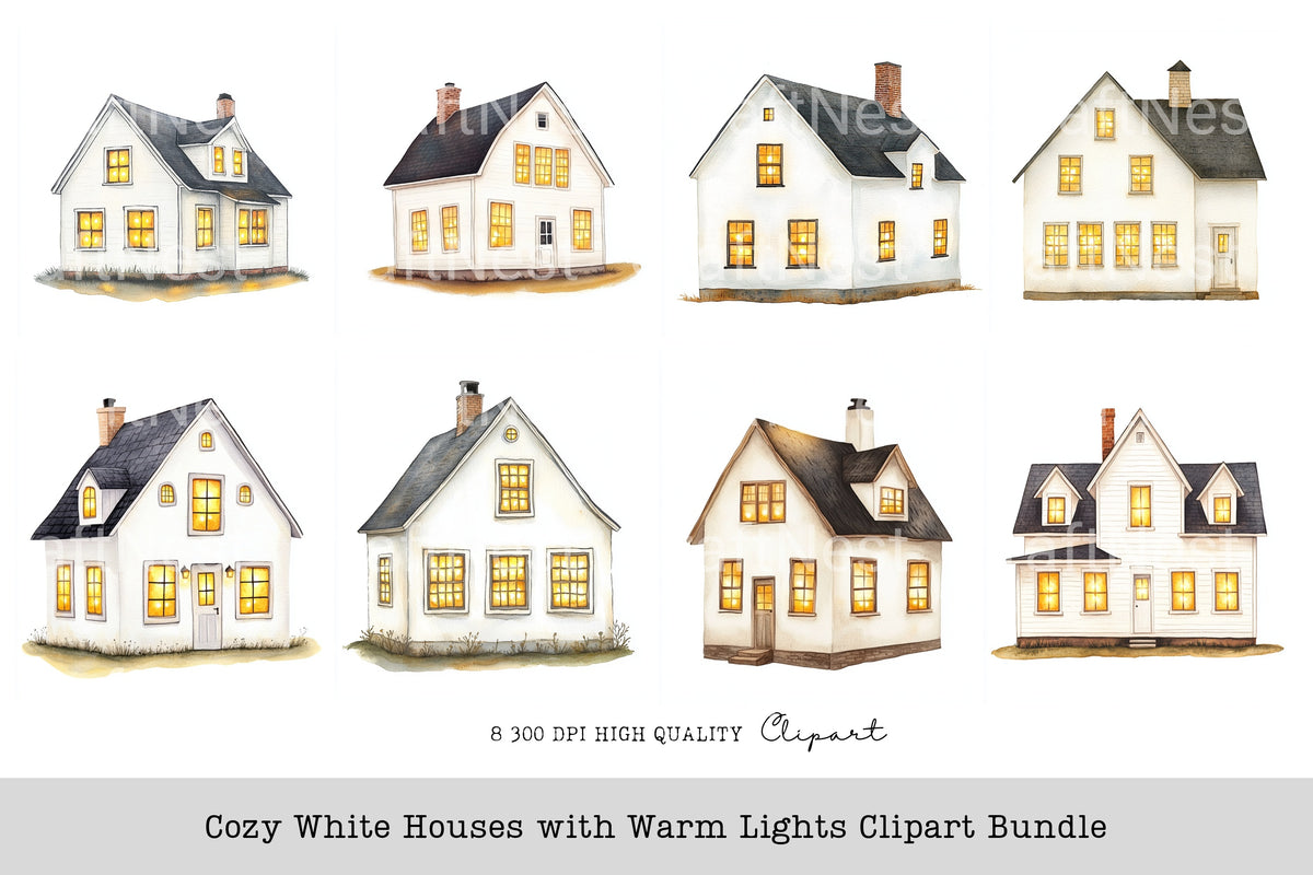 Cozy White Houses With Warm Lights Clipart Bundle