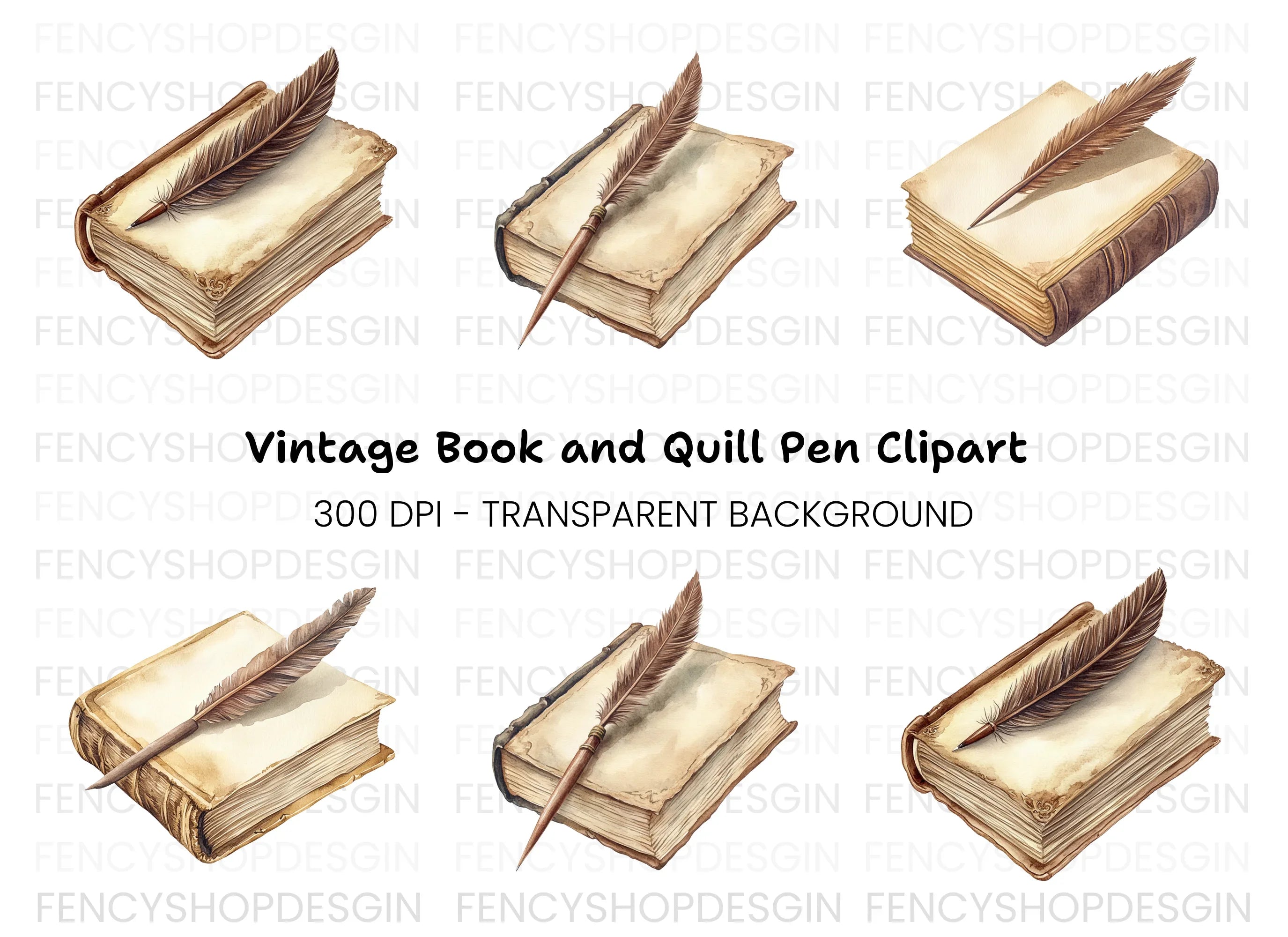 Vintage Books and Quill Pens Clipart Bundle