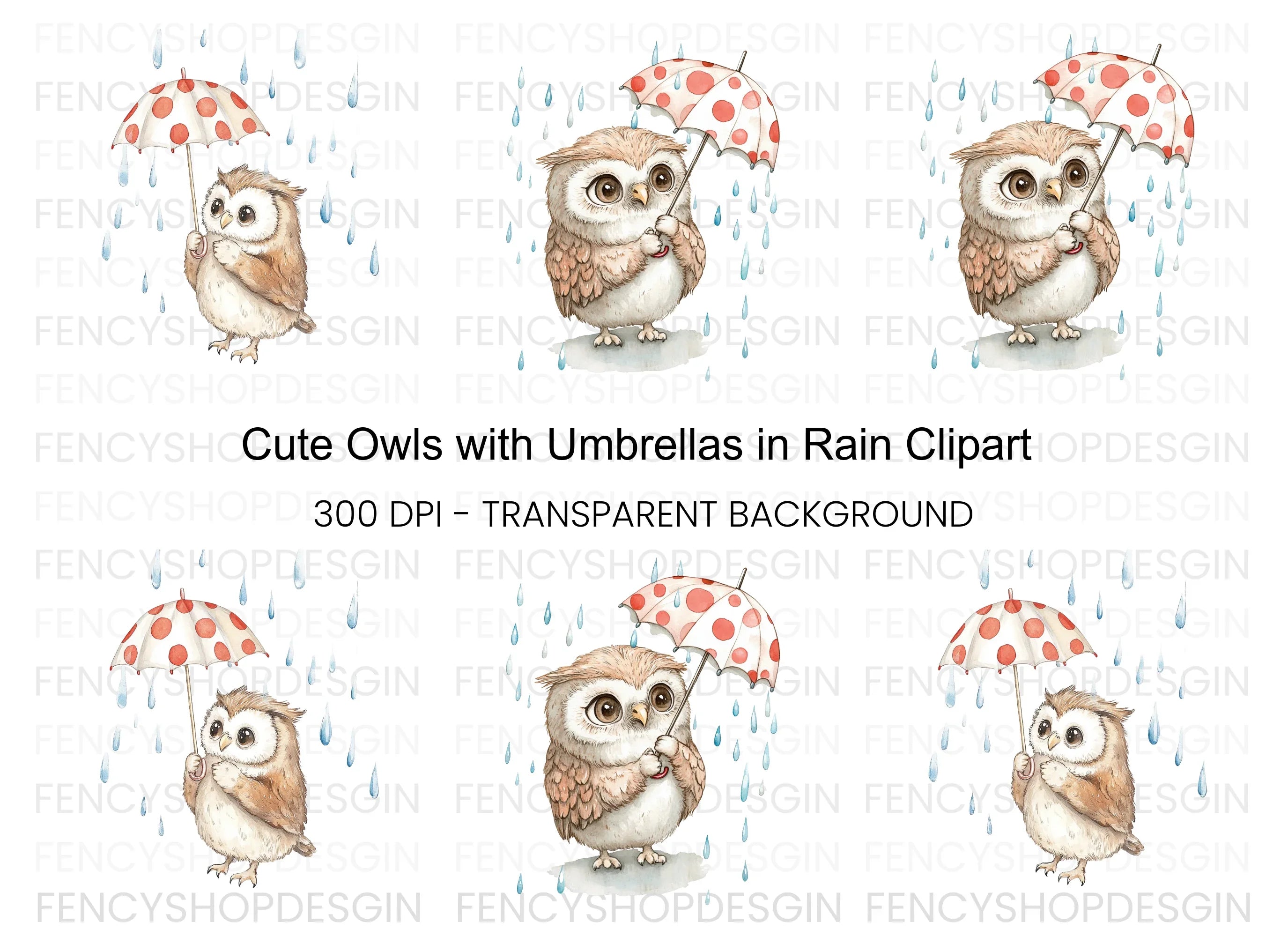 Owls with Umbrellas Clipart Bundle
