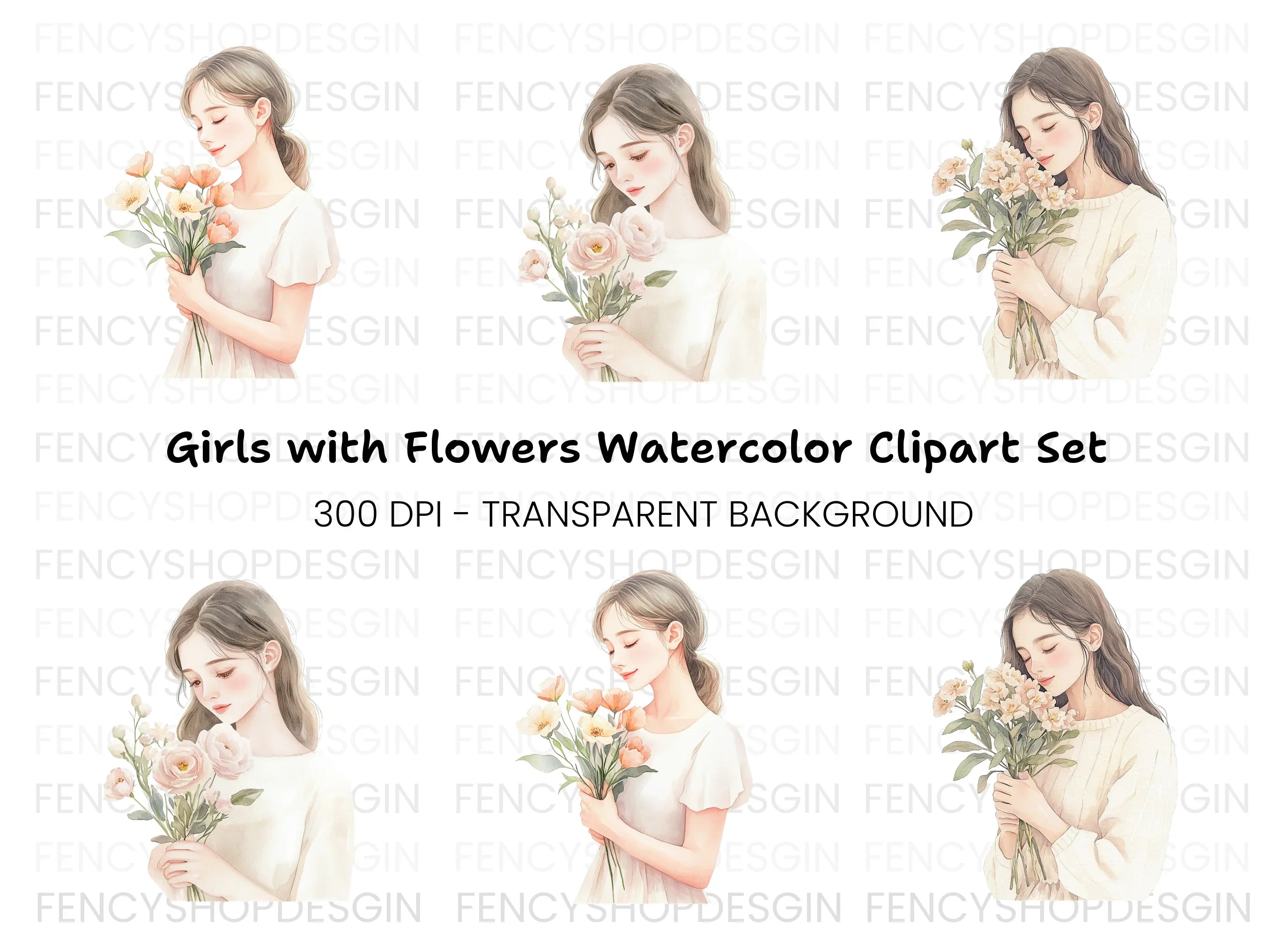 Girls Holding Flowers Clipart Bundle