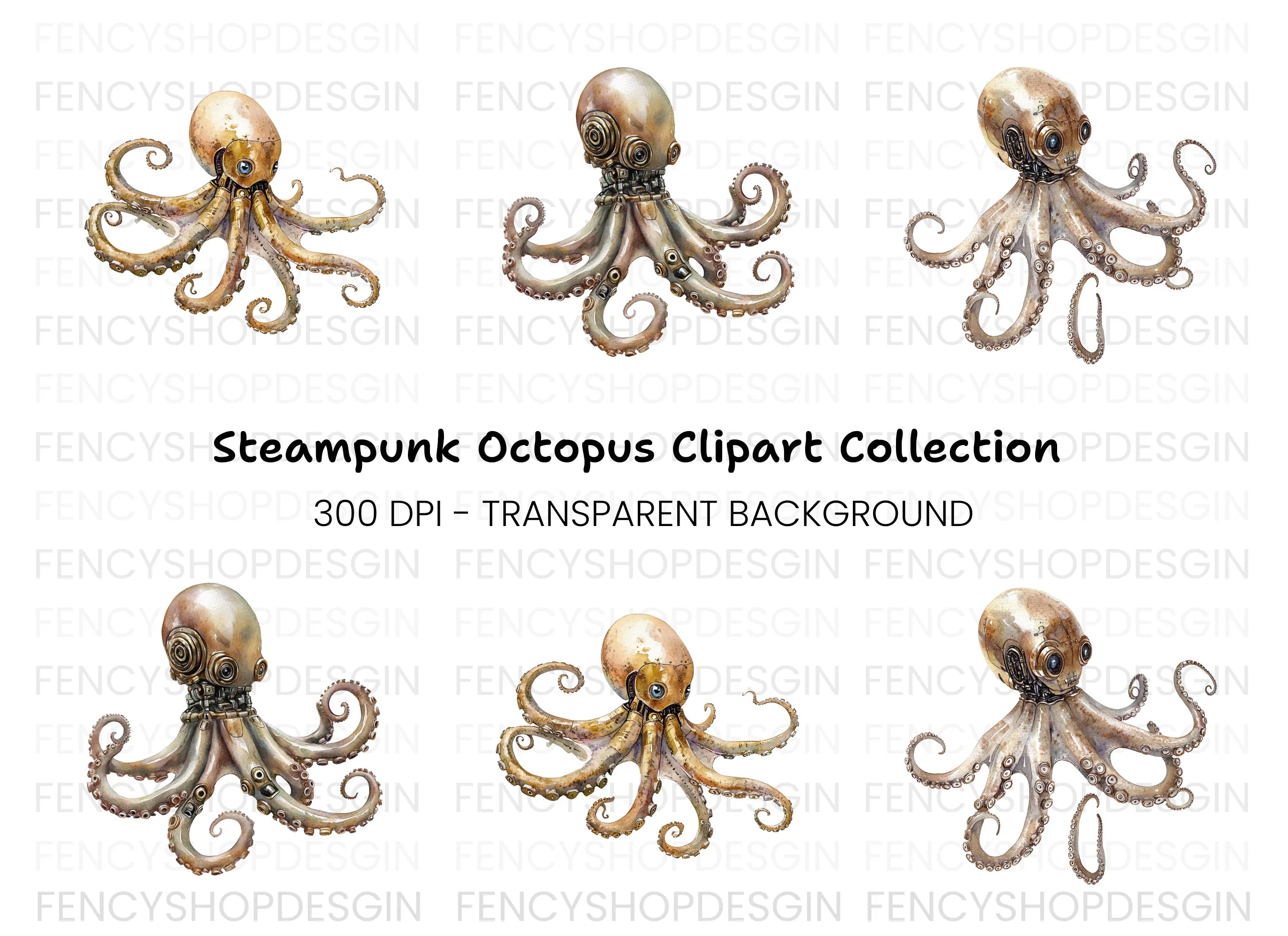 Steampunk Octopus Clipart Bundle