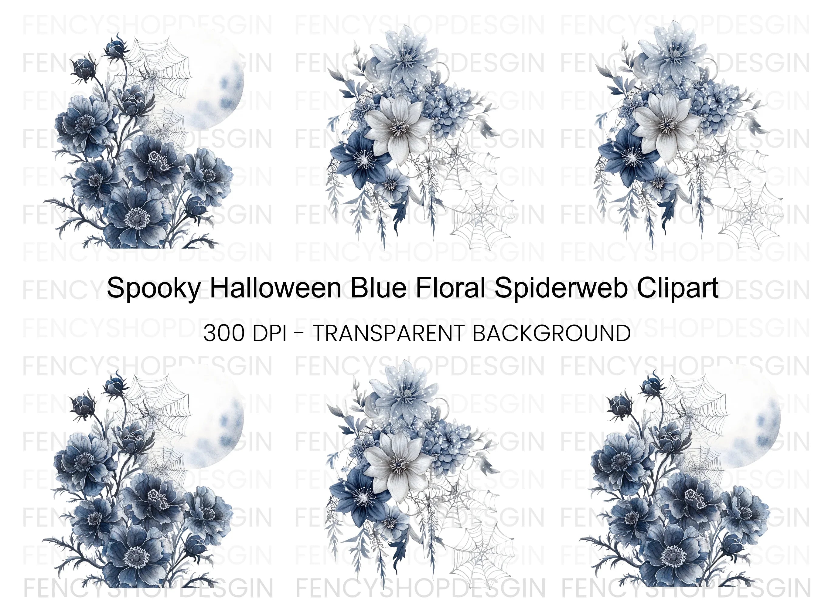 Spooky Blue Floral Halloween Clipart Bundle