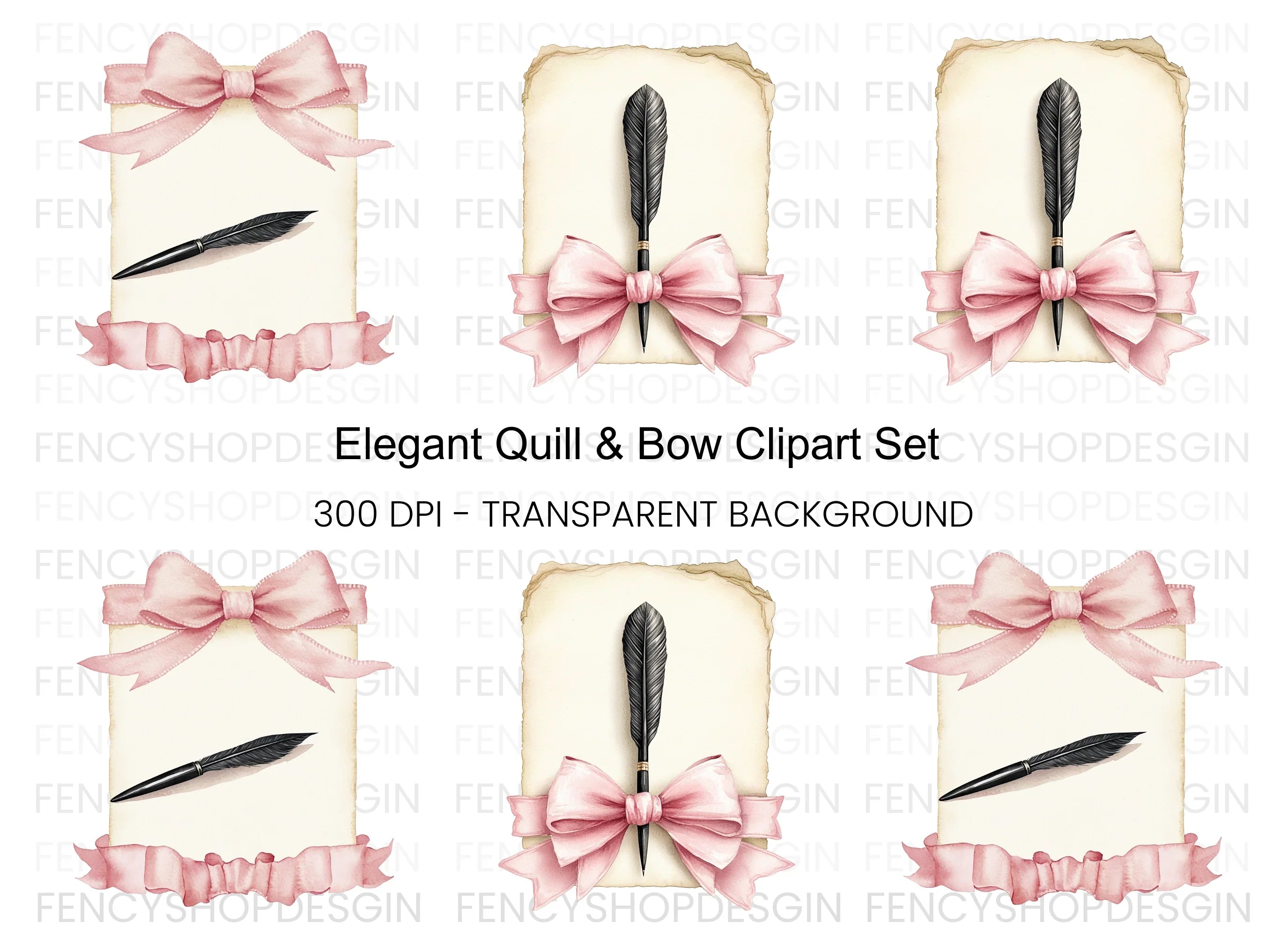 Elegant Quill and Pink Bow Clipart Bundle