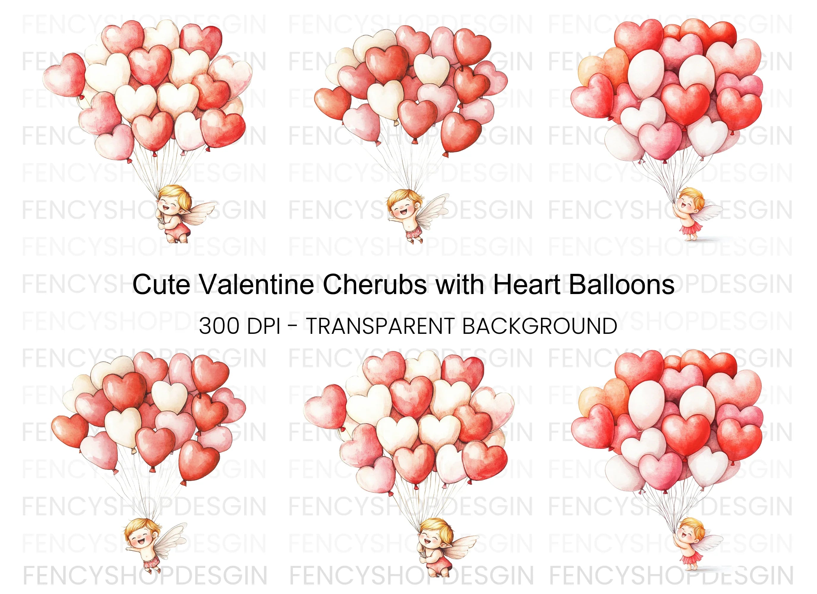 Cute Cupid with Heart Balloons Clipart Bundle
