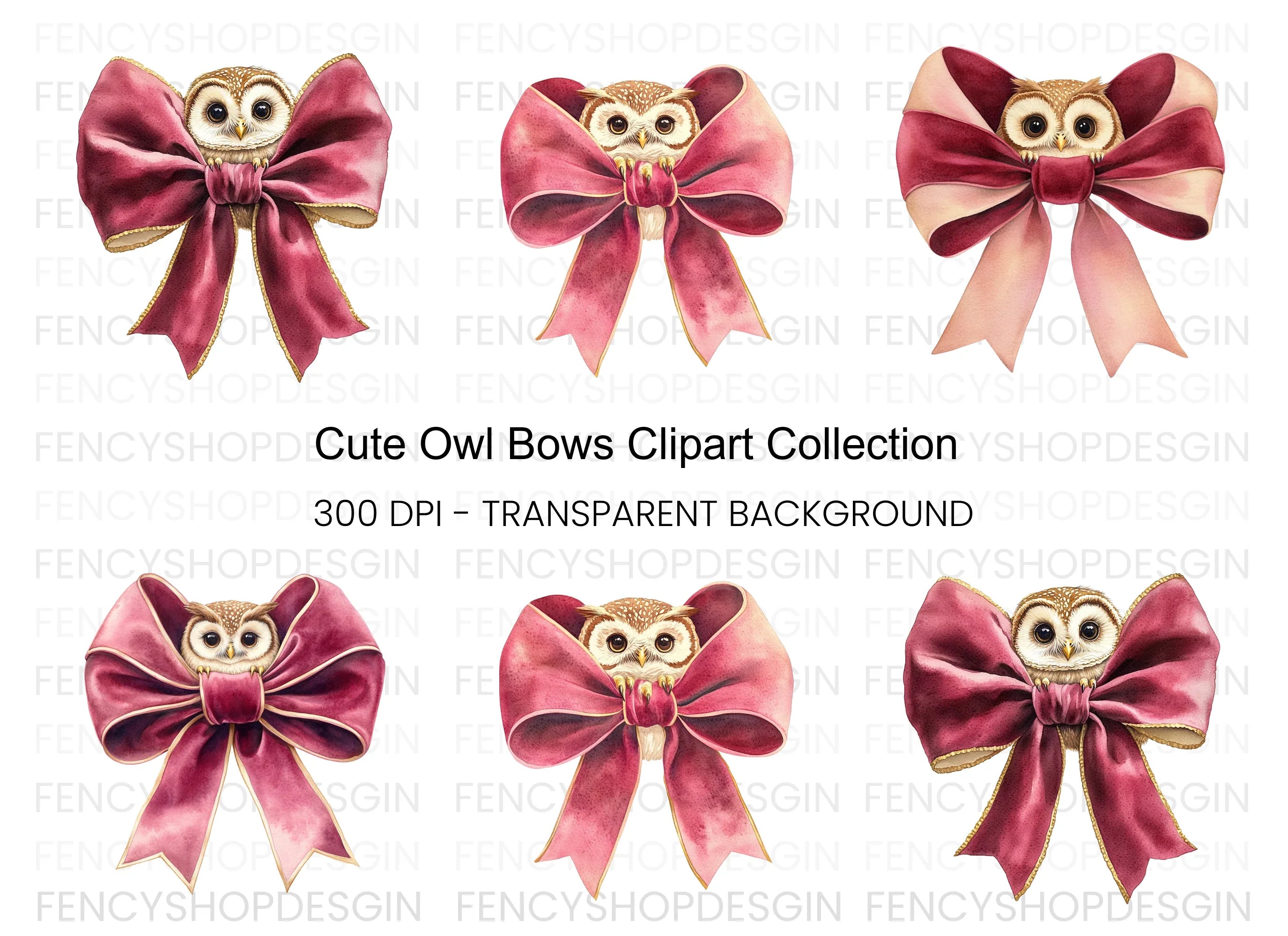 Cute Owl with Pink Bow Clipart Bundle