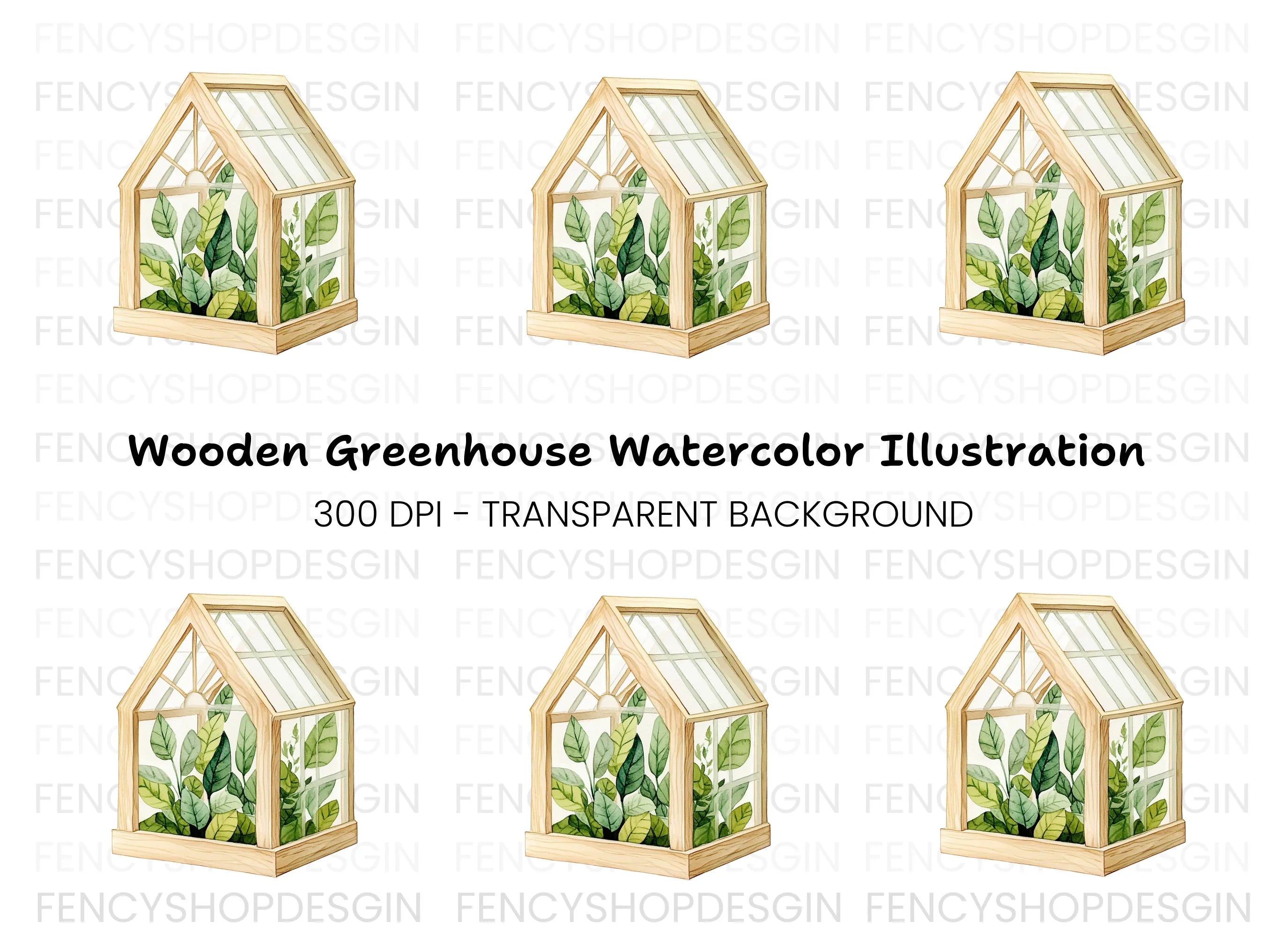 Wooden Greenhouse with Plants Clipart Bundle