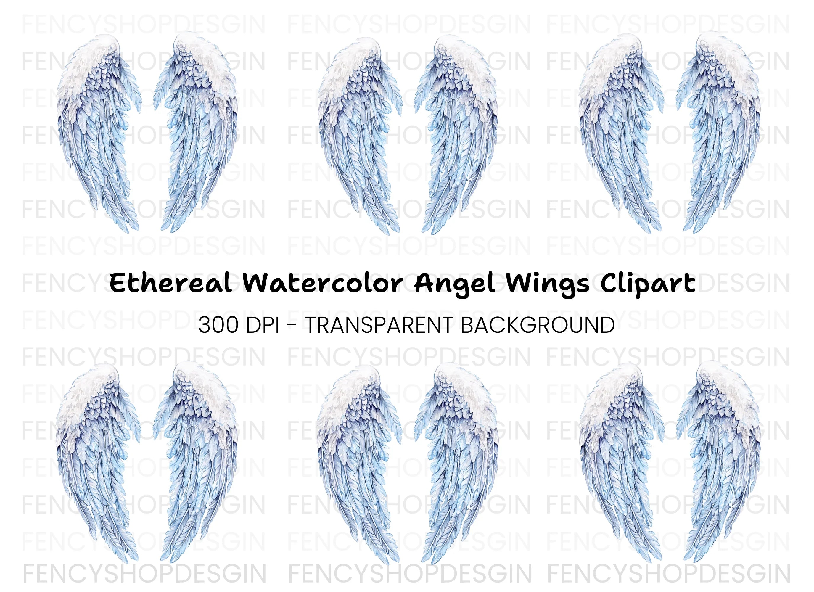 White and Blue Feathered Wings Clipart Bundle
