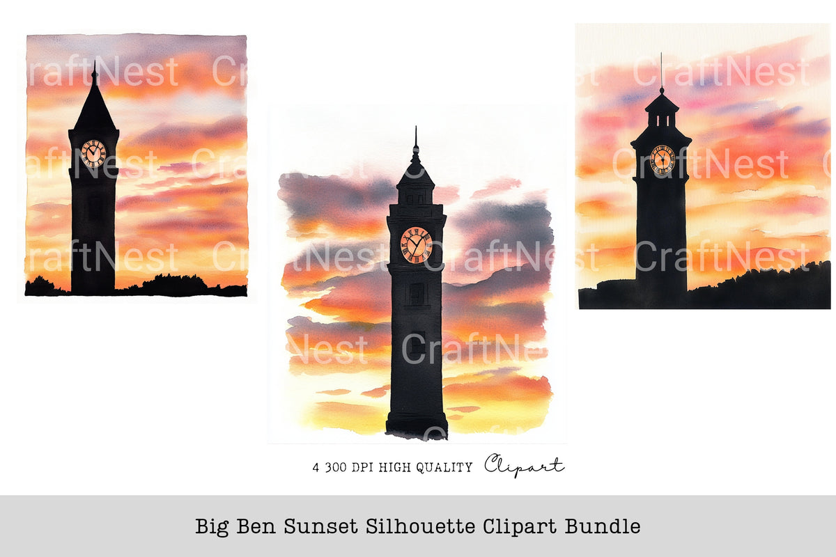 Big Ben Sunset Silhouette Clipart Bundle