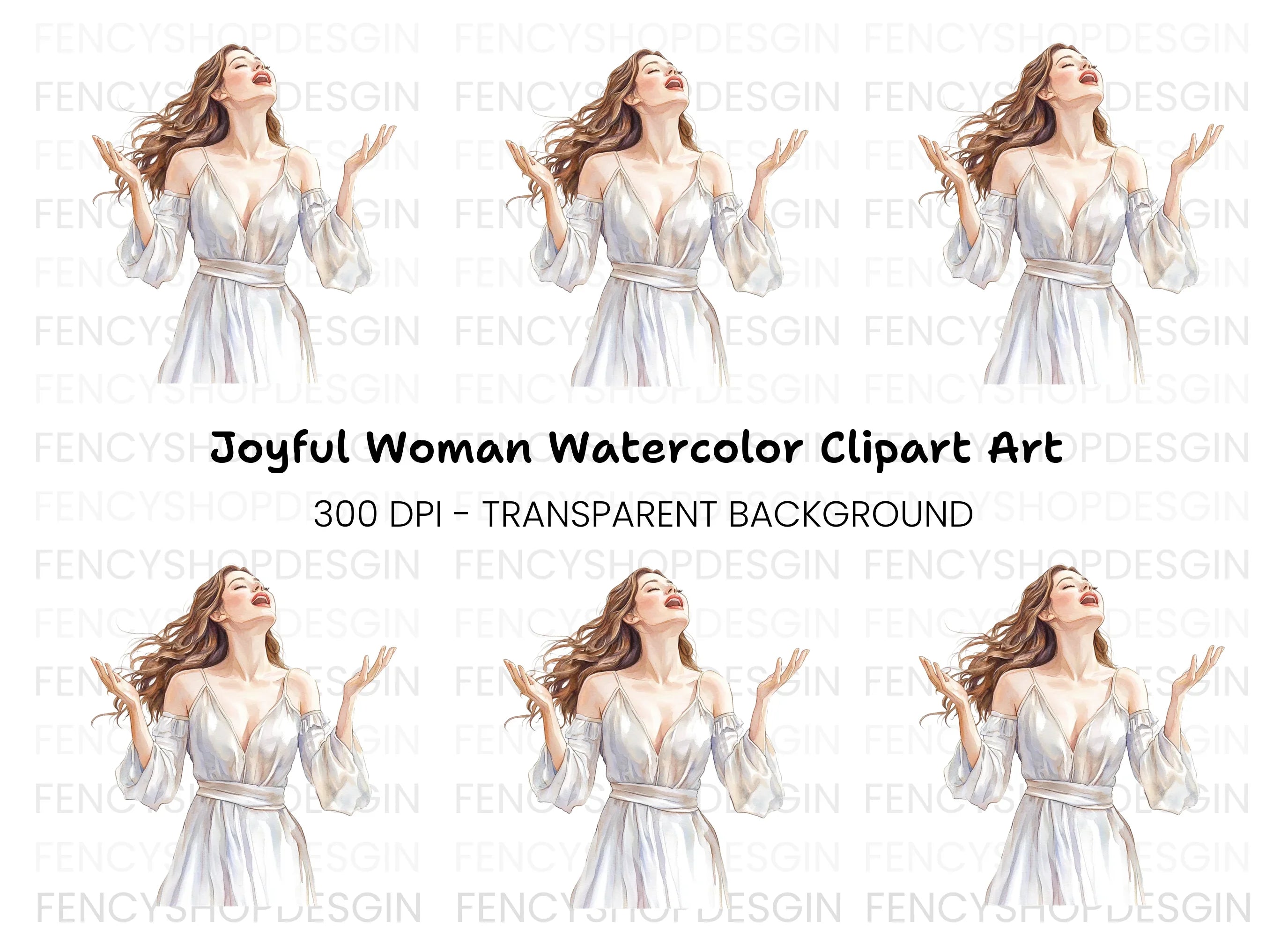 Joyful Woman in White Dress Clipart Bundle