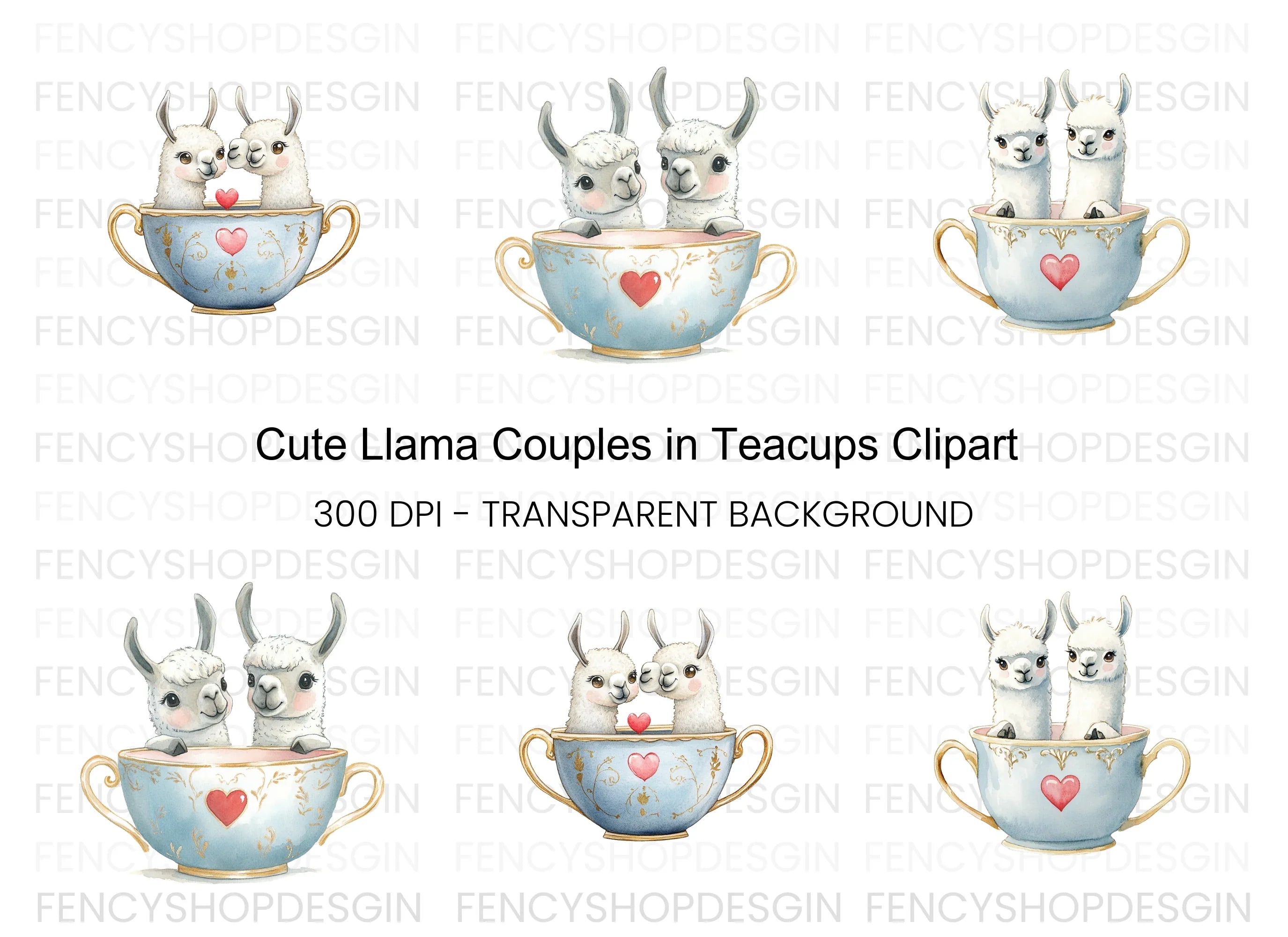 Cute Llama Couple in Teacups Clipart Bundle
