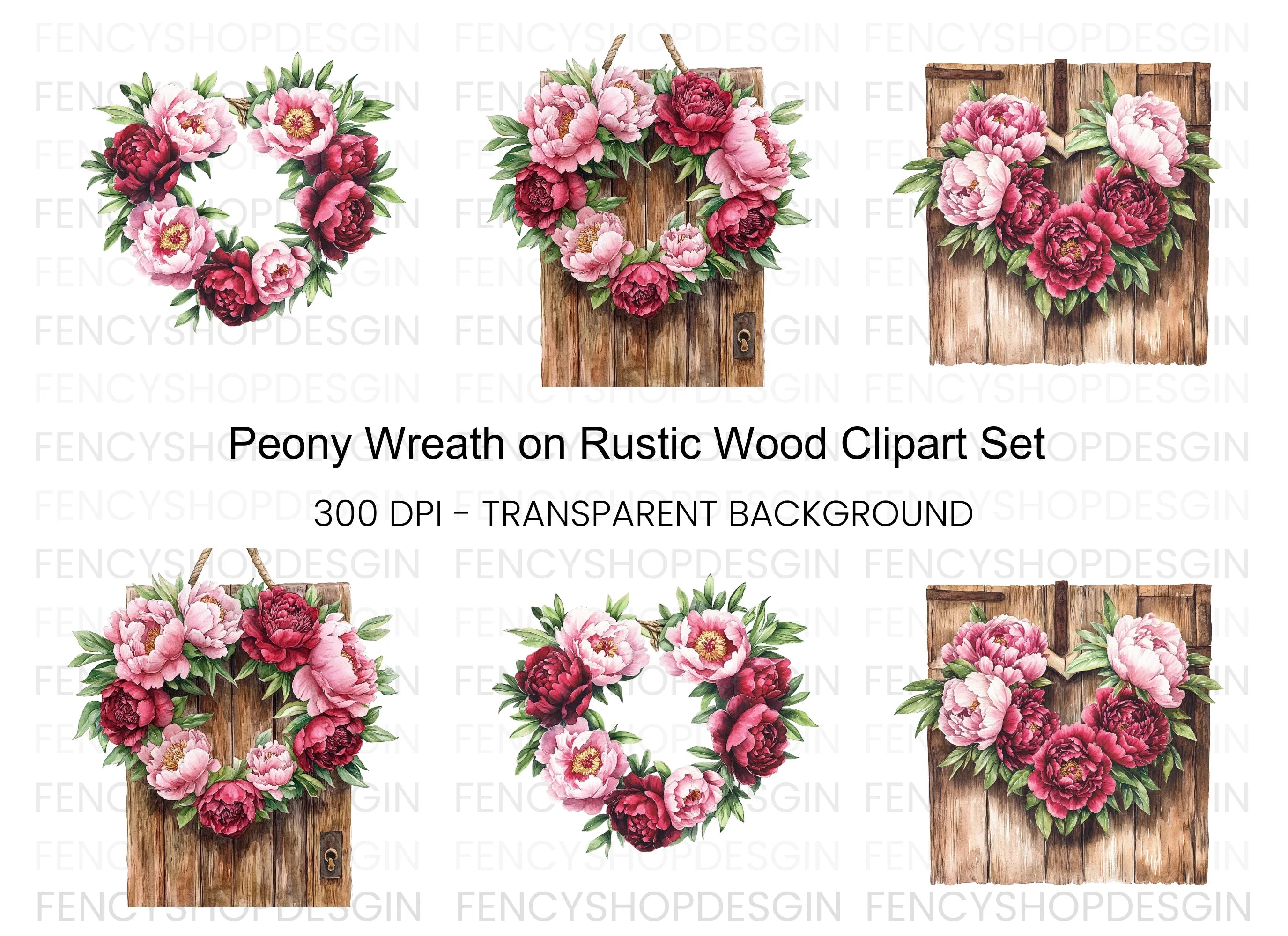 Peony Wreath and Wooden Door Clipart Bundle