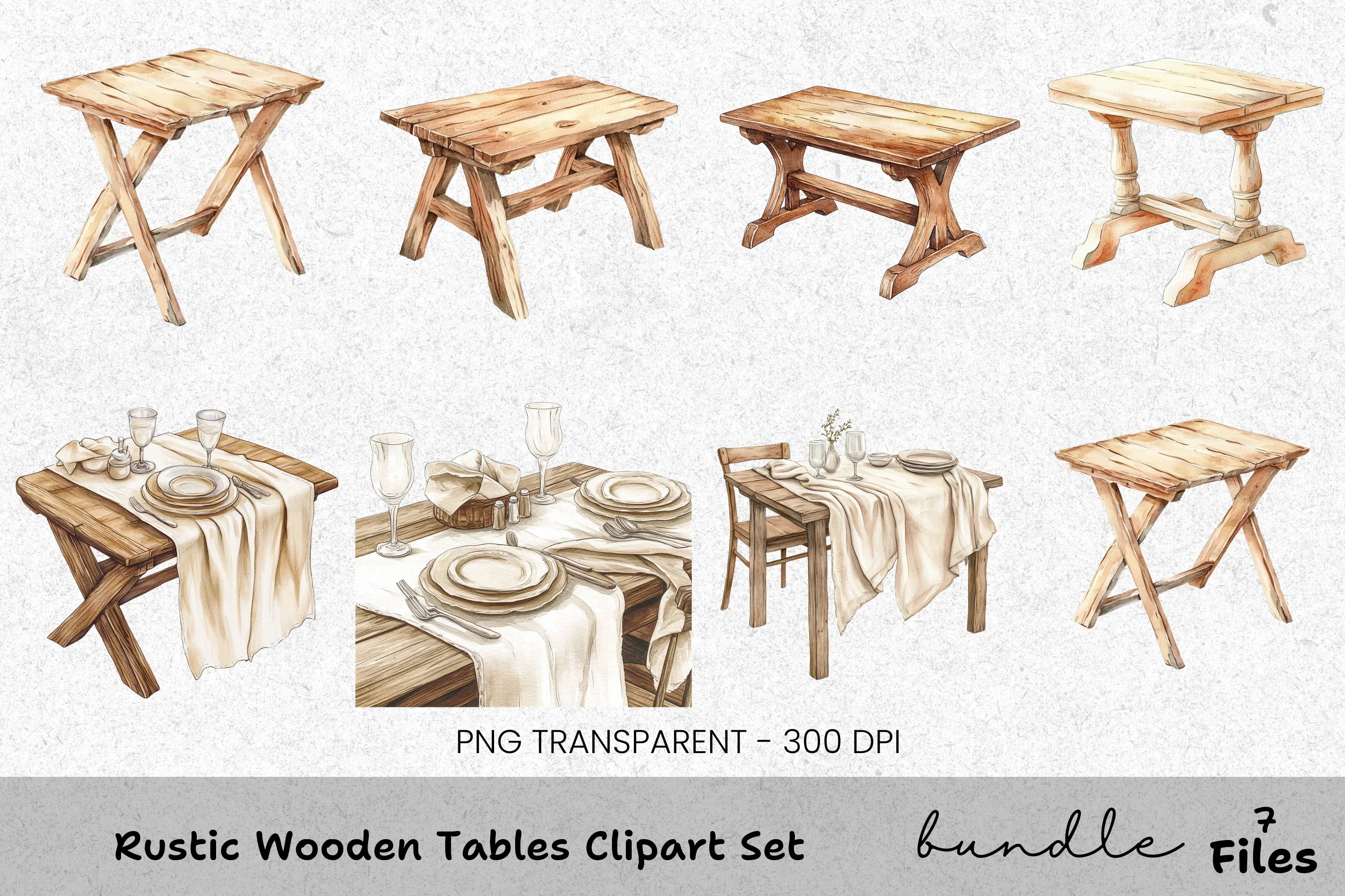 Rustic Wooden Tables Clipart Bundle