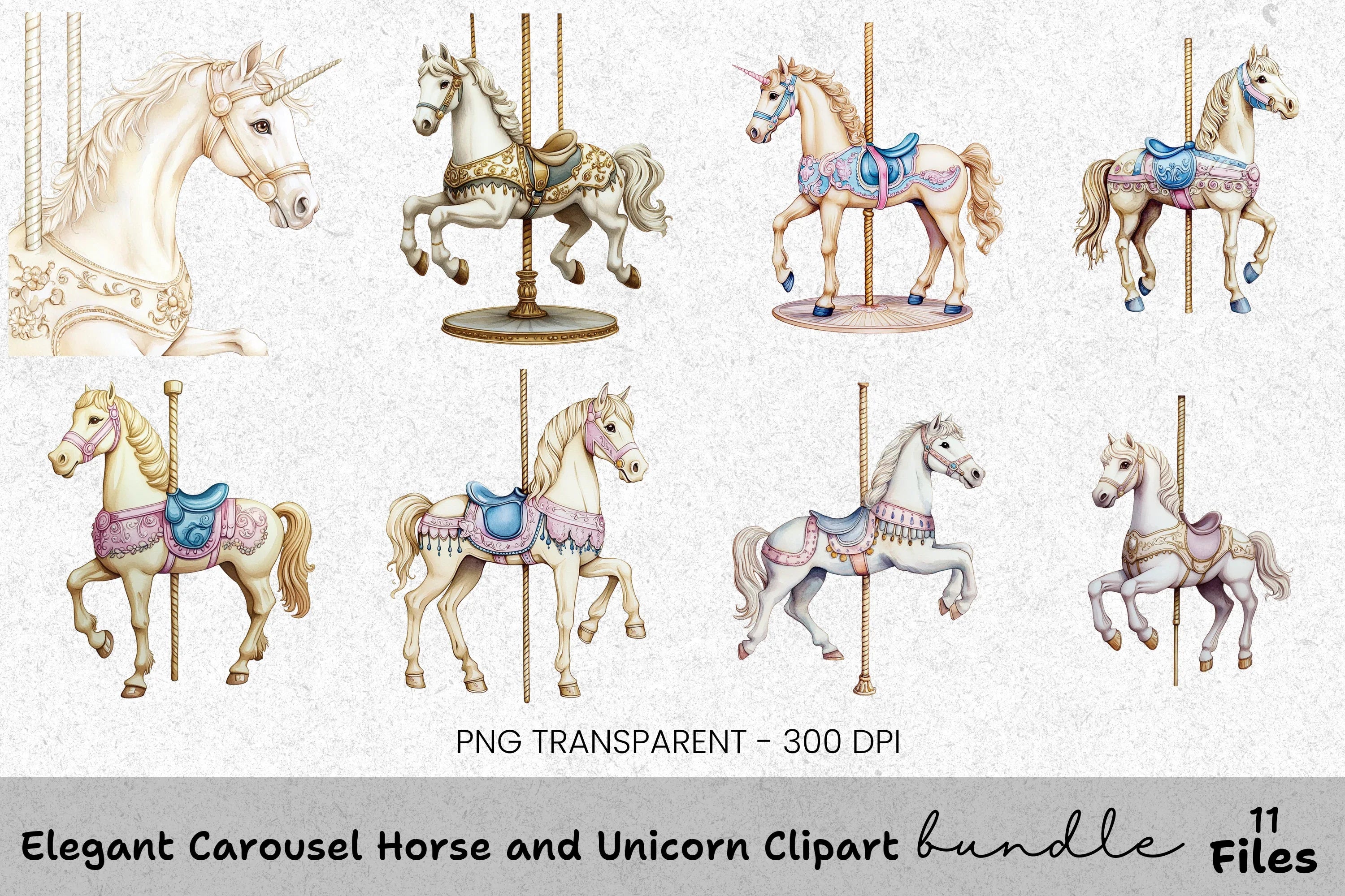 Elegant Carousel Horse and Unicorn Clipart Bundle