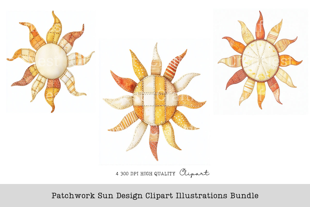 Patchwork Sun Illustrations Clipart Bundle