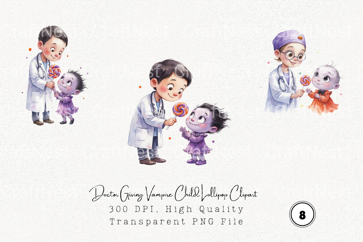 Doctor Giving Vampire Child Lollipop Clipart Bundle