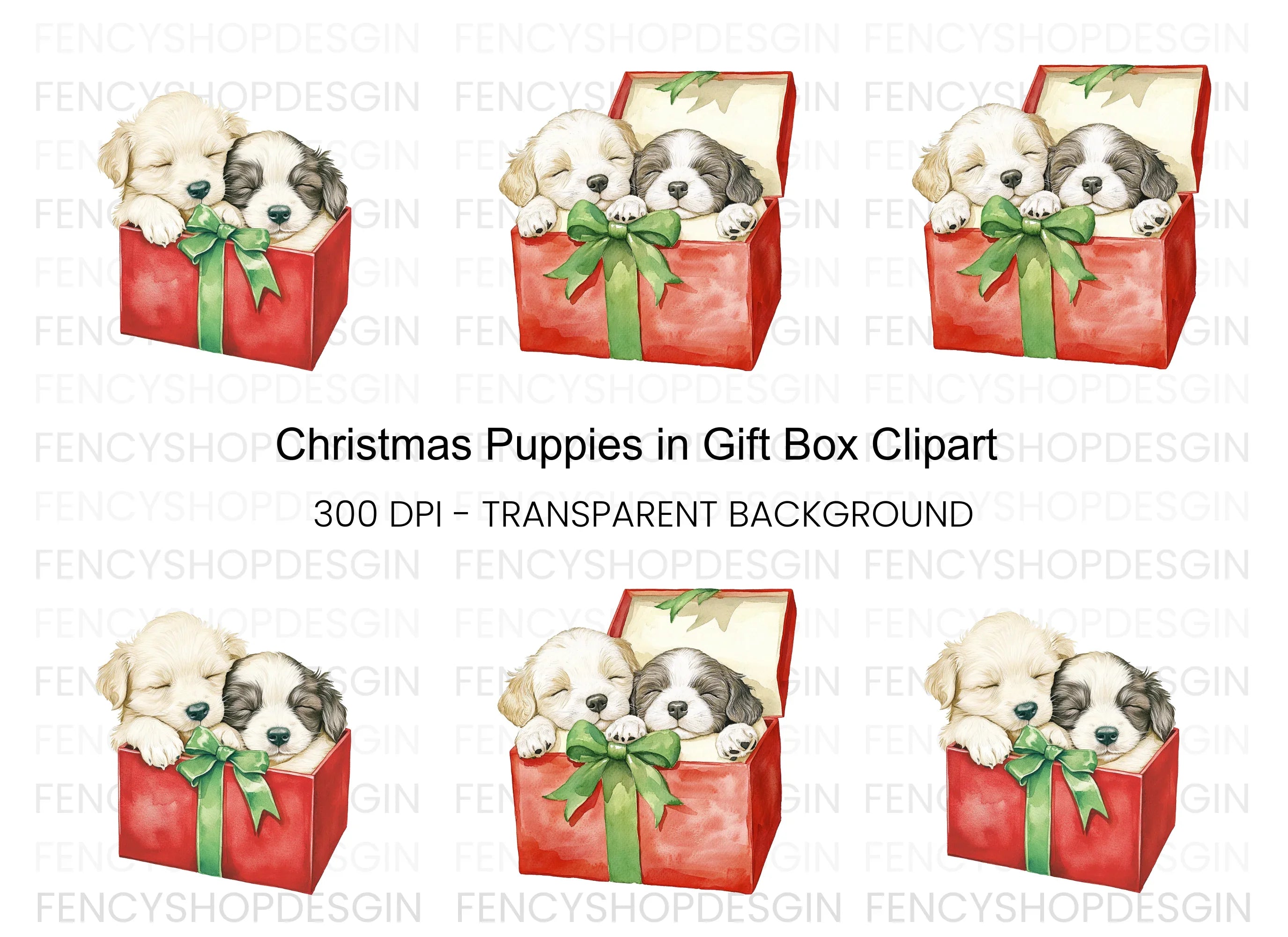 Puppies in Gift Box Clipart Bundle