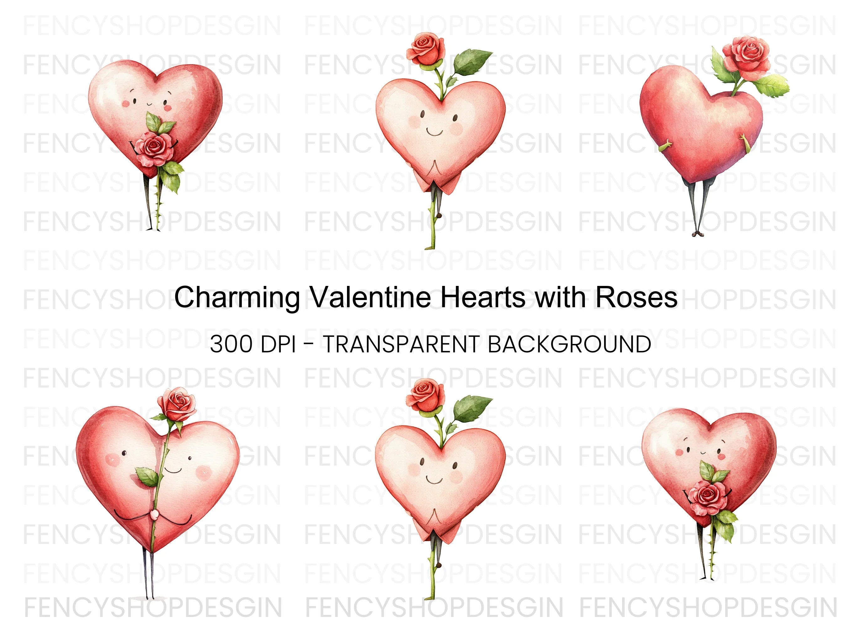 Whimsical Heart with Roses Clipart Bundle