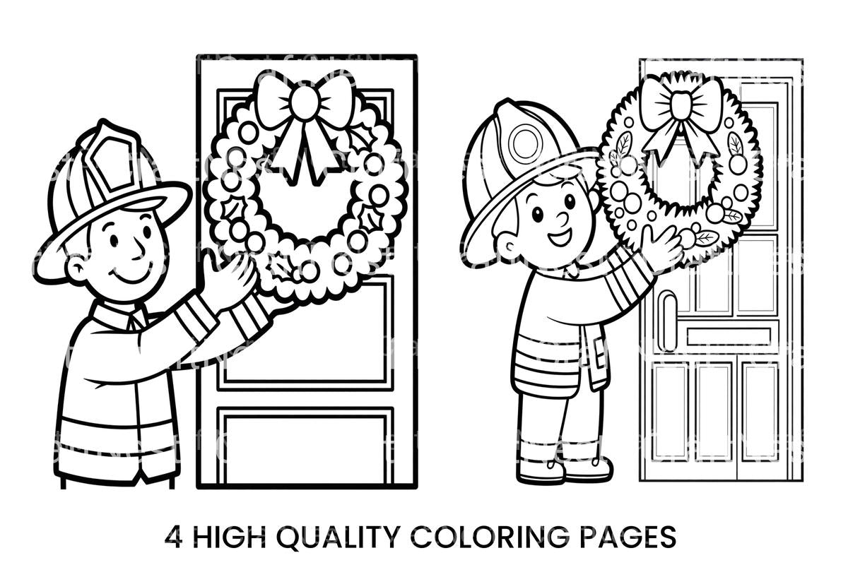 Firefighter Hanging Christmas Wreath Coloring Books