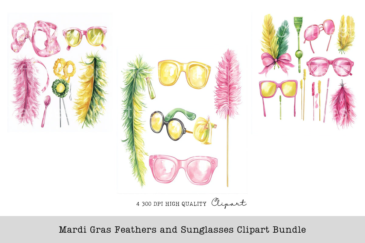Mardi Gras Feathers And Sunglasses Clipart Bundle