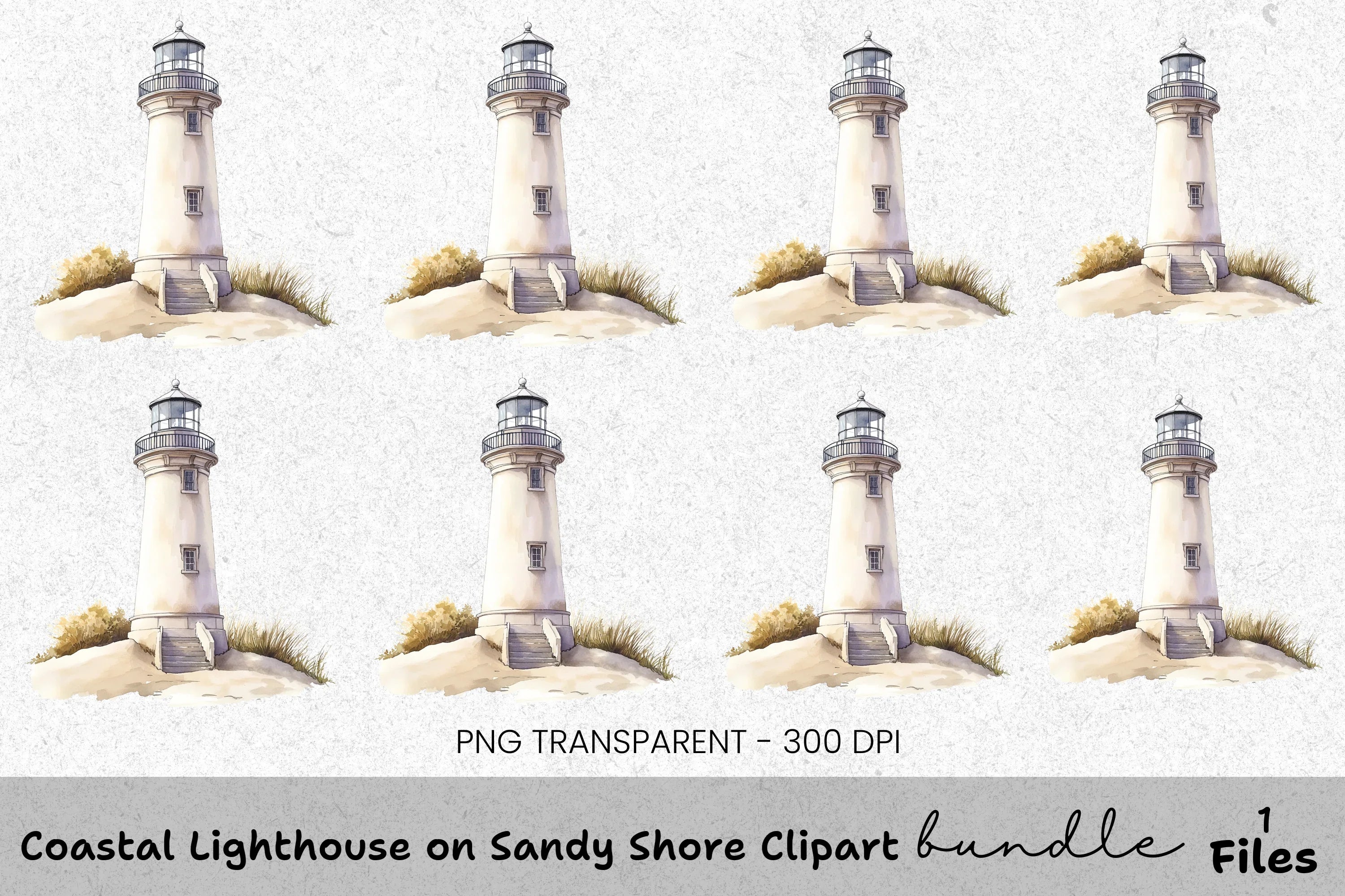 Coastal Lighthouse on Sandy Shore Clipart Bundle