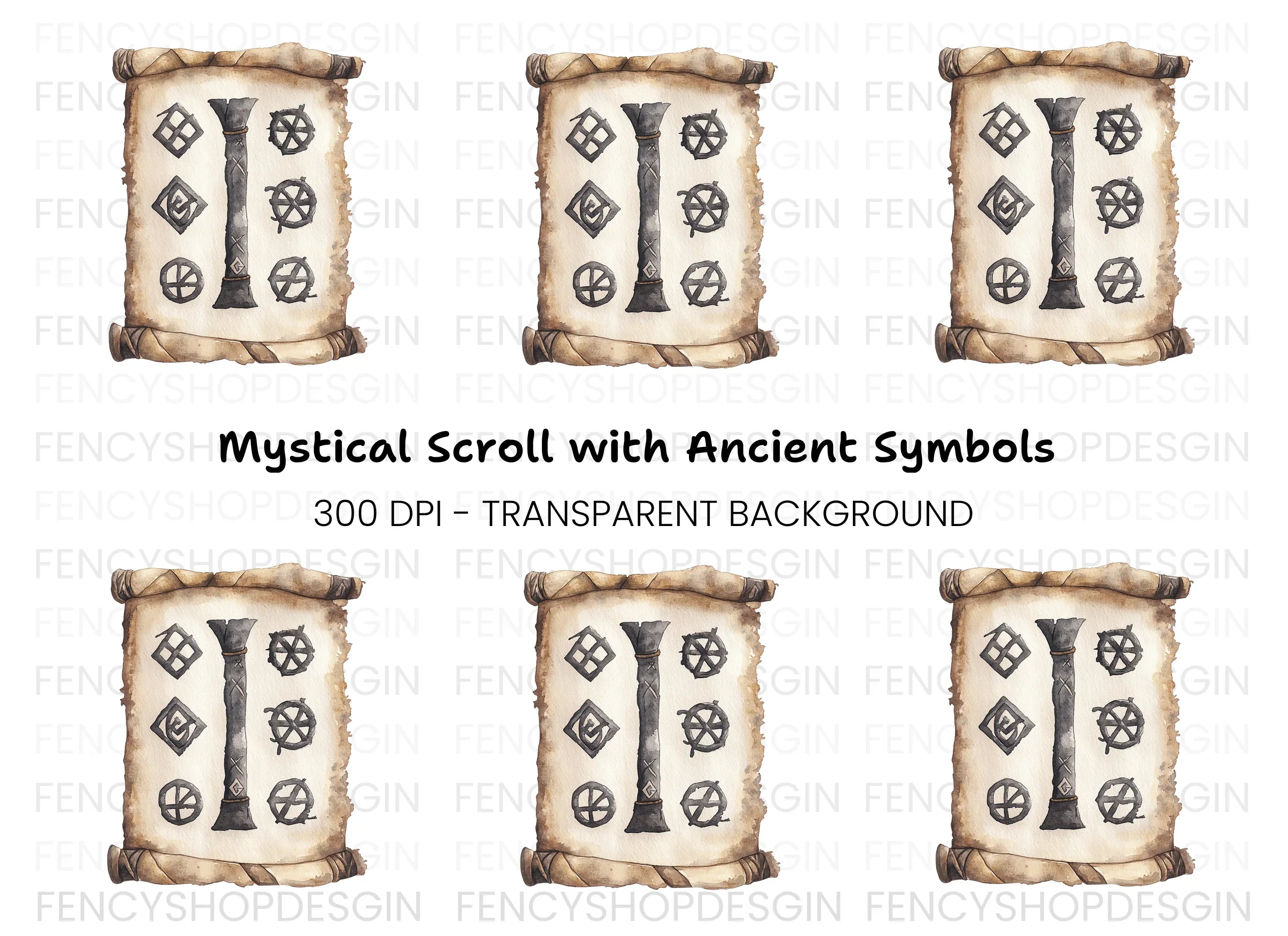 Mystical Scroll with Runic Symbols Clipart Bundle