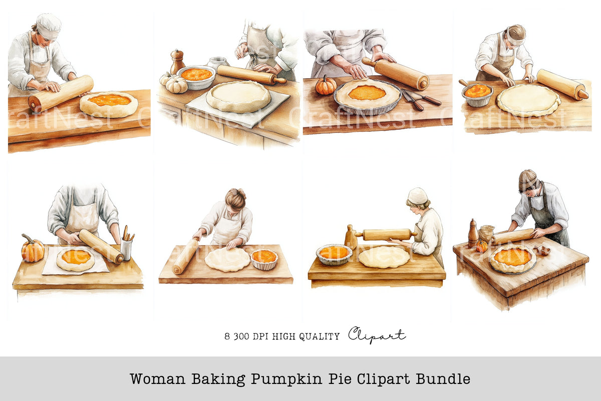 Woman Baking Pumpkin Pie Clipart Bundle