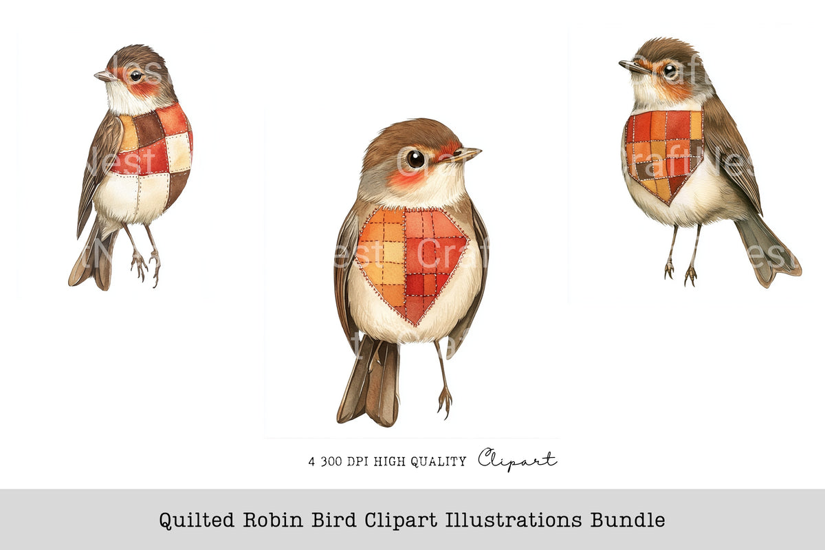 Quilted Robin Bird Illustrations Clipart Bundle